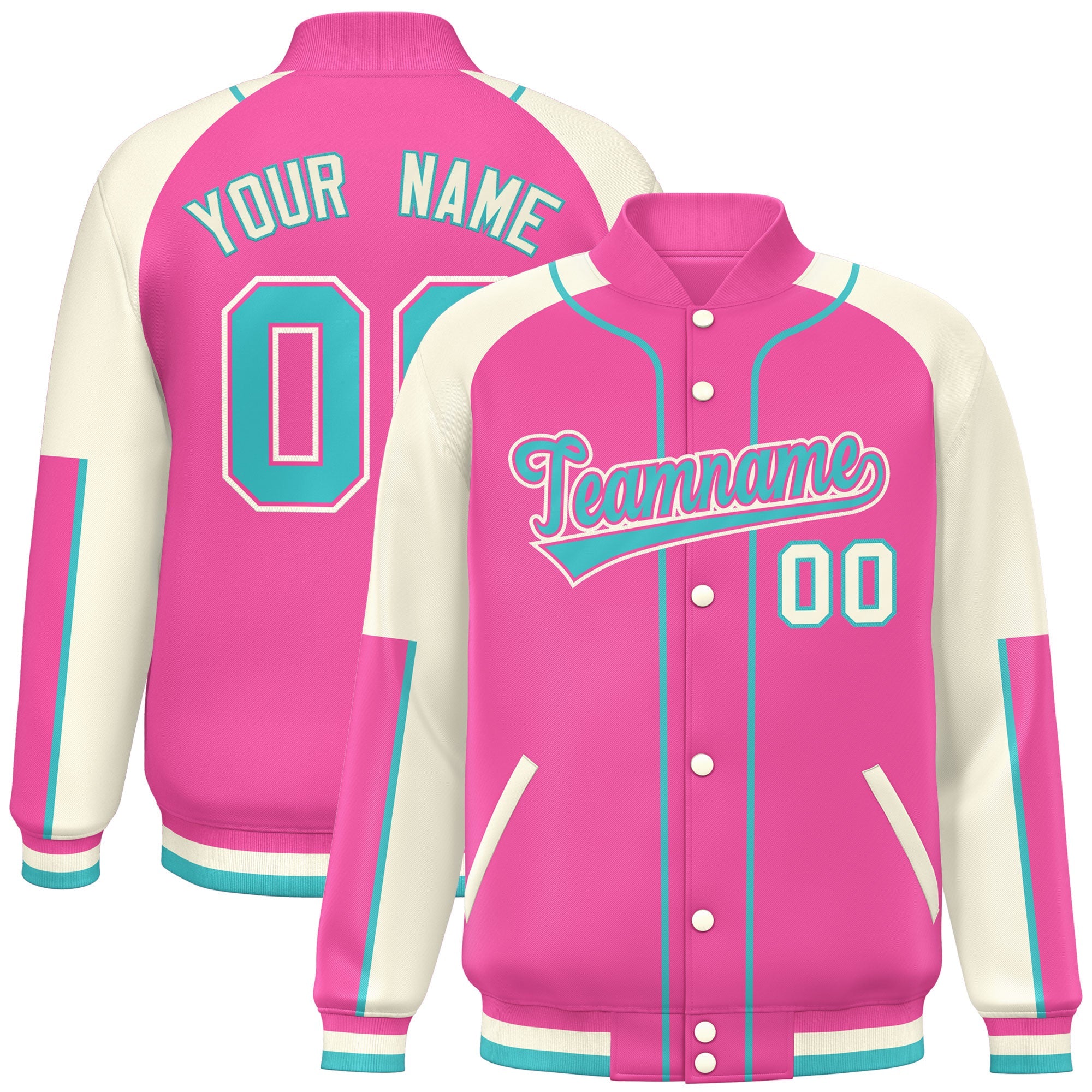 Custom Pink Cream-Pink Raglan Sleeves Varsity Full-Snap Letterman Baseball Jacket