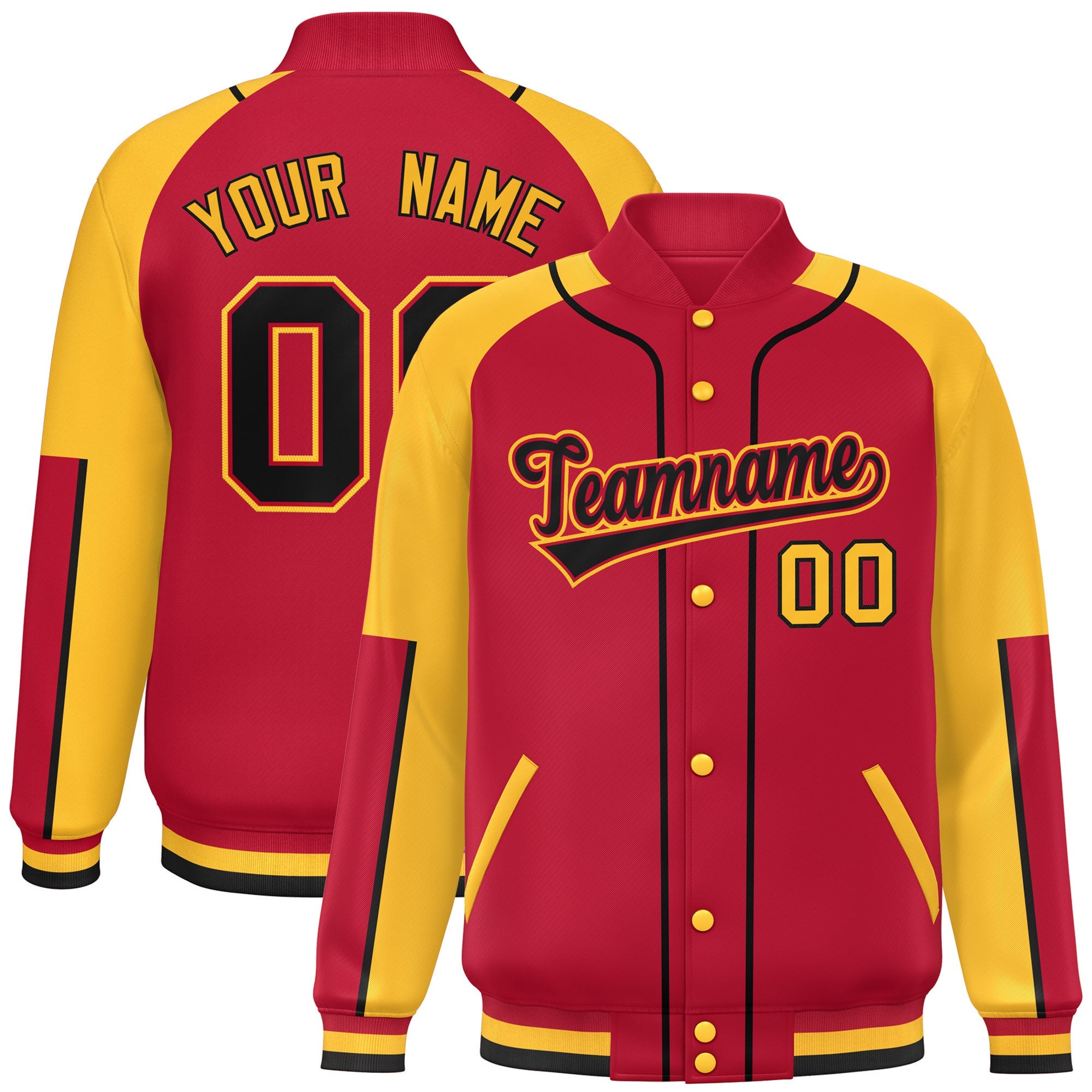 Custom Red Gold-Red Raglan Sleeves Varsity Full-Snap Letterman Baseball Jacket