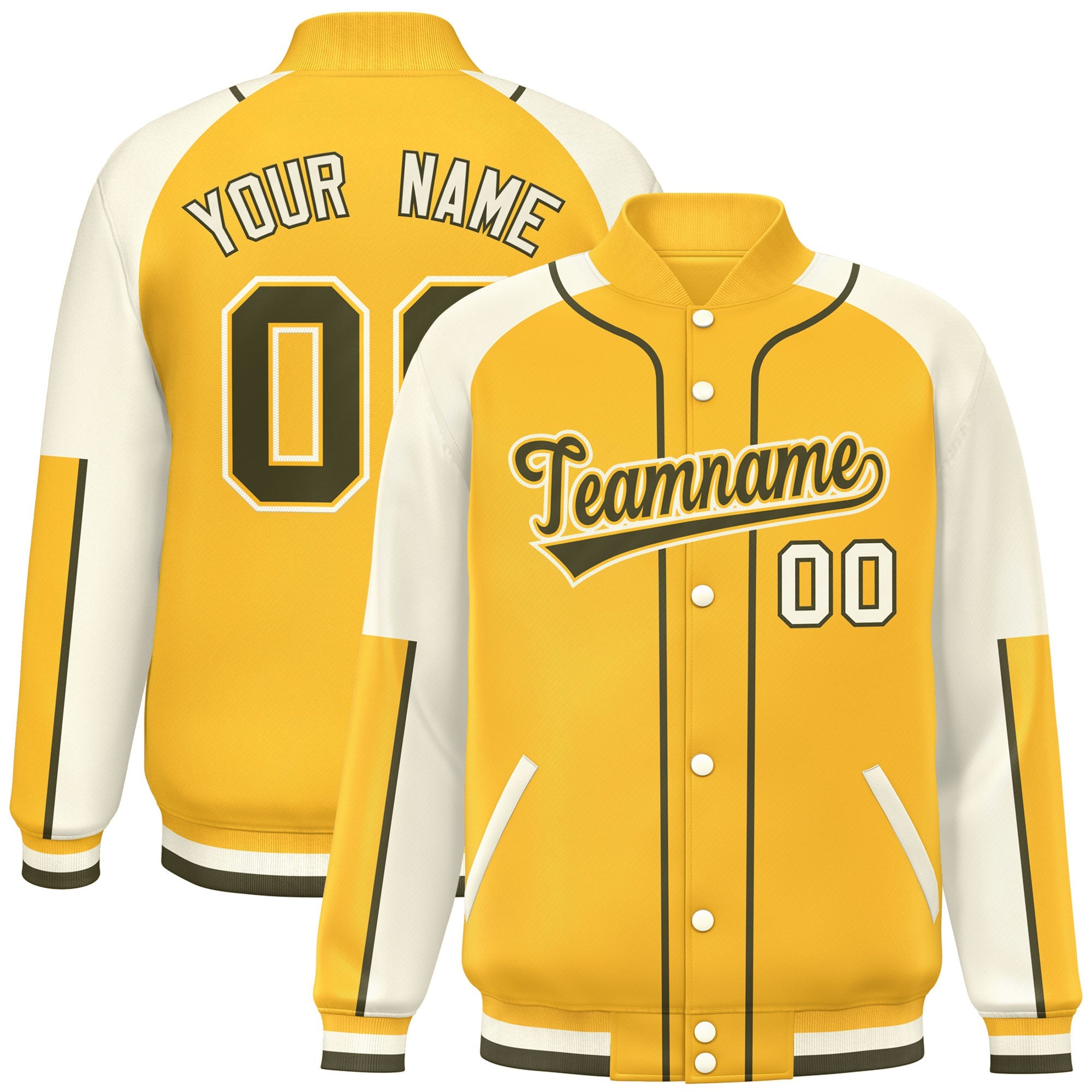 Custom Gold Cream-Gold Raglan Sleeves Varsity Full-Snap Letterman Baseball Jacket