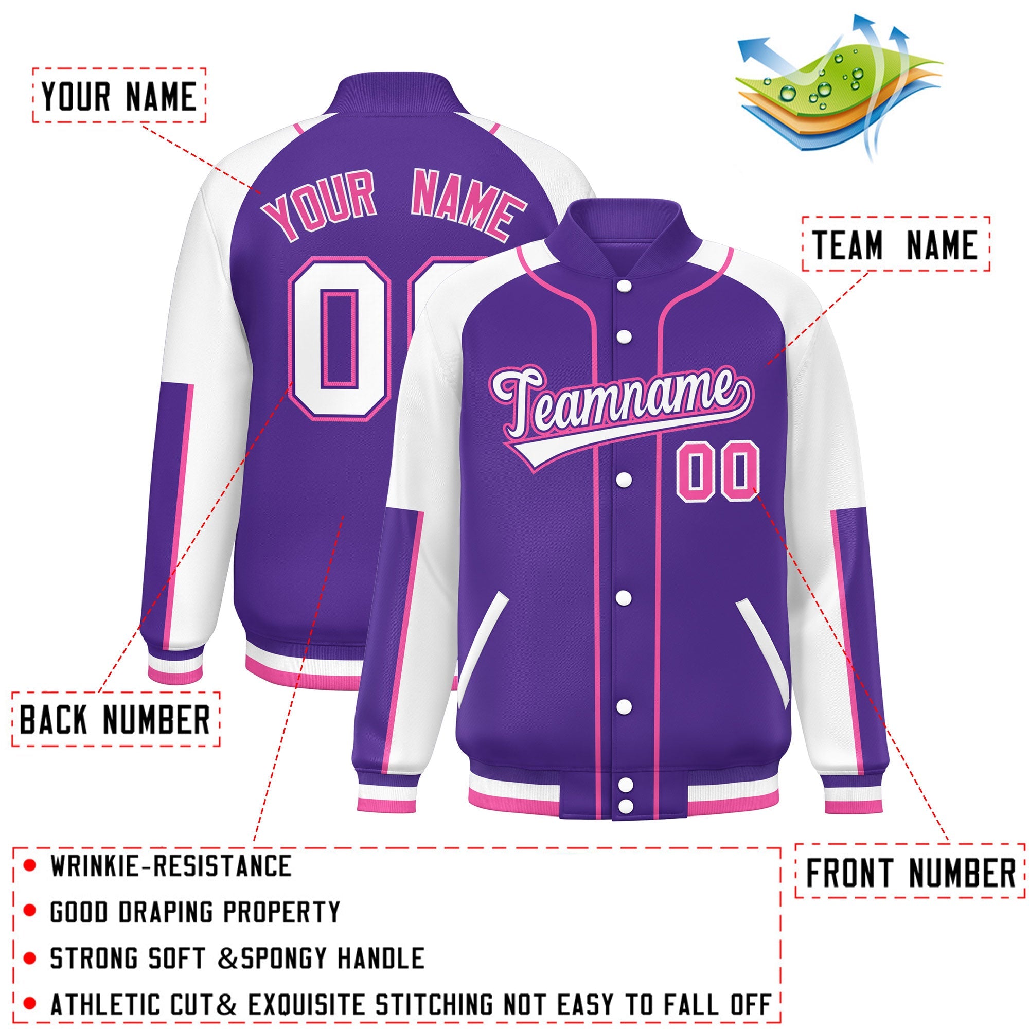 Custom Purple White-Purple Raglan Sleeves Varsity Full-Snap Letterman Baseball Jacket