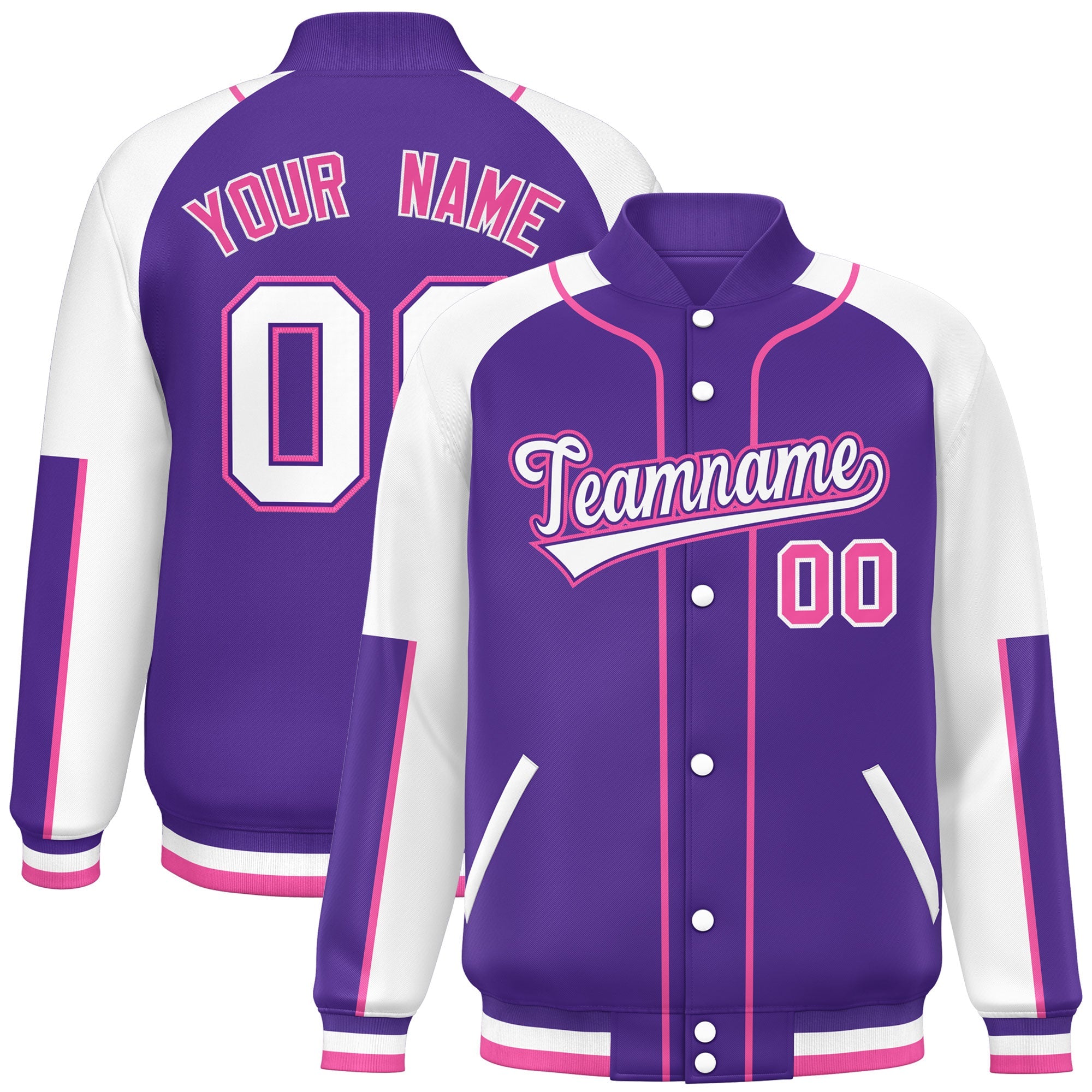 Custom Purple White-Purple Raglan Sleeves Varsity Full-Snap Letterman Baseball Jacket