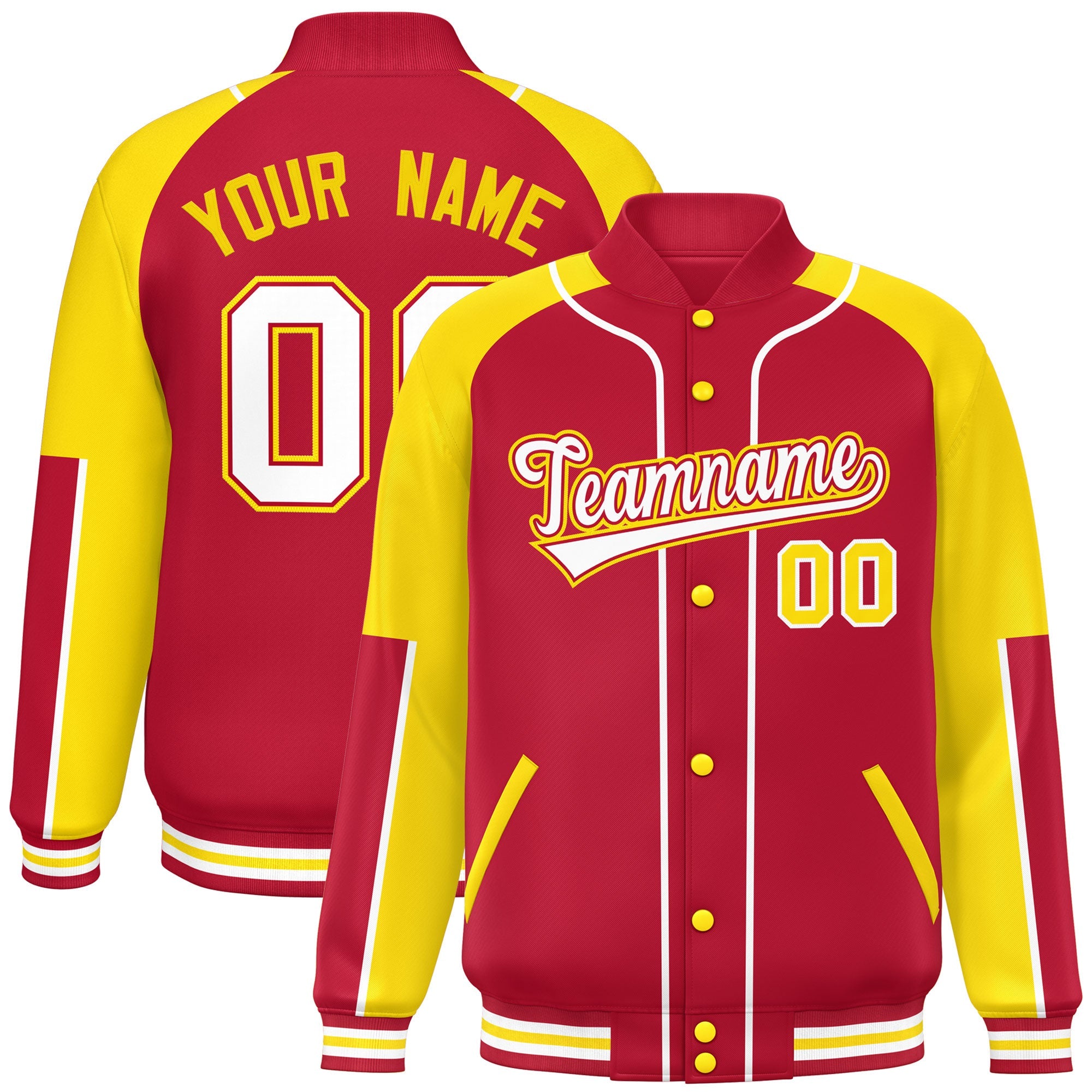 Custom Red Yellow-Red Raglan Sleeves Varsity Full-Snap Letterman Baseball Jacket