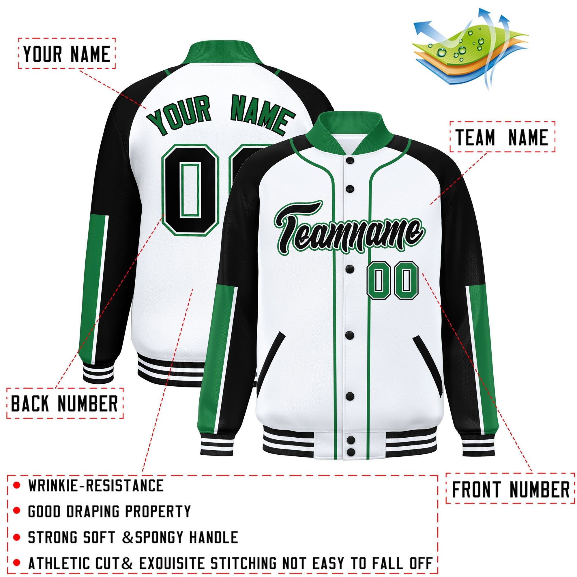 Custom White Black-Kelly Green Raglan Sleeves Varsity Full-Snap Letterman Baseball Jacket