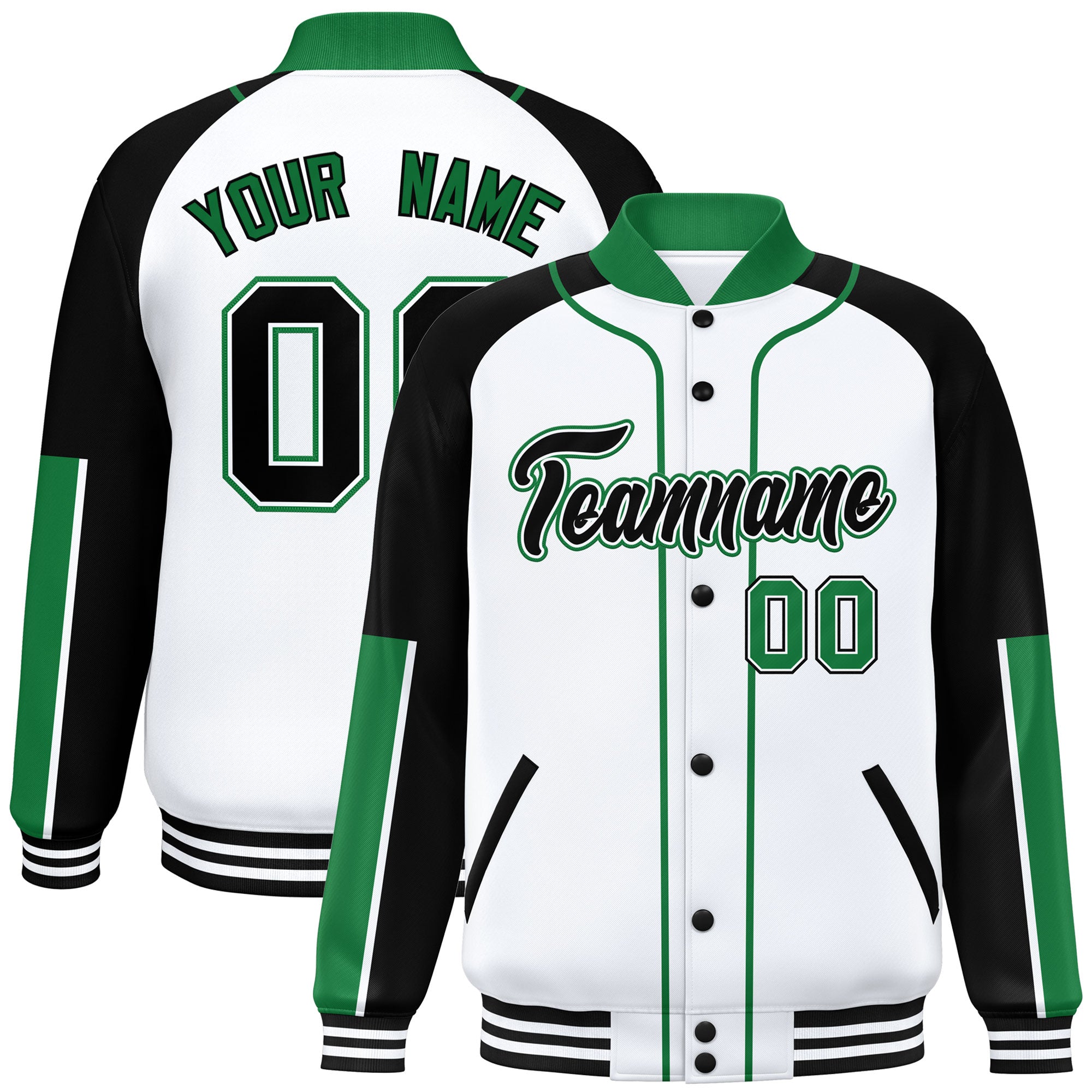 Custom White Black-Kelly Green Raglan Sleeves Varsity Full-Snap Letterman Baseball Jacket