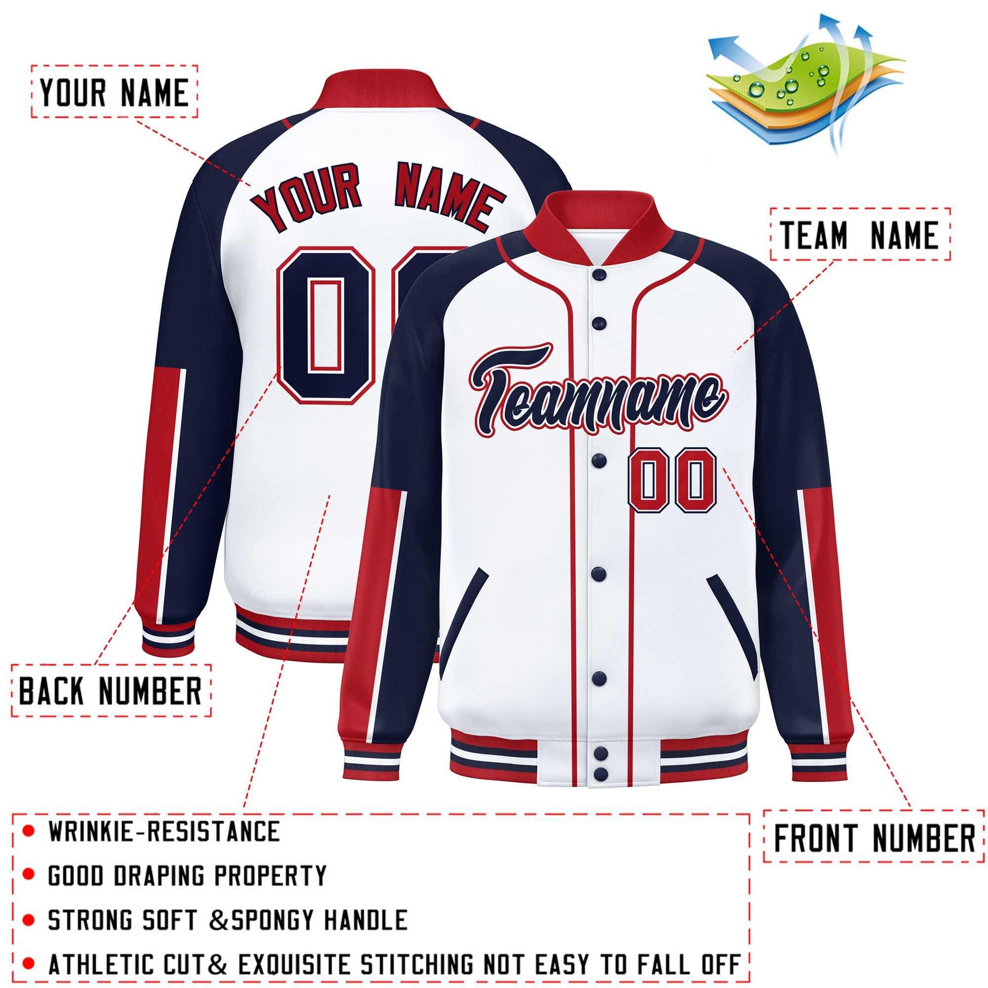 Custom White Navy-Red Raglan Sleeves Varsity Full-Snap Letterman Baseball Jacket