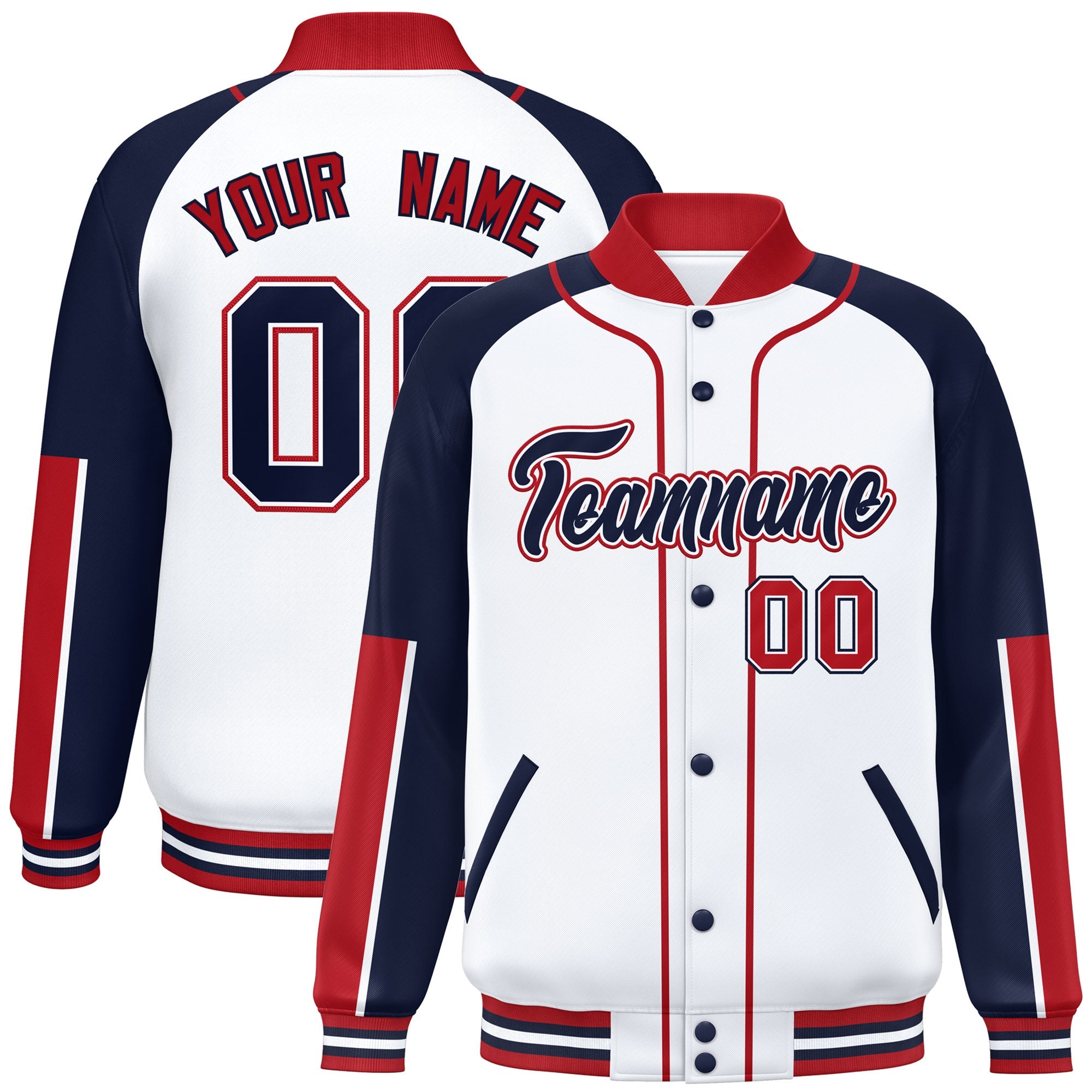 Custom White Navy-Red Raglan Sleeves Varsity Full-Snap Letterman Baseball Jacket