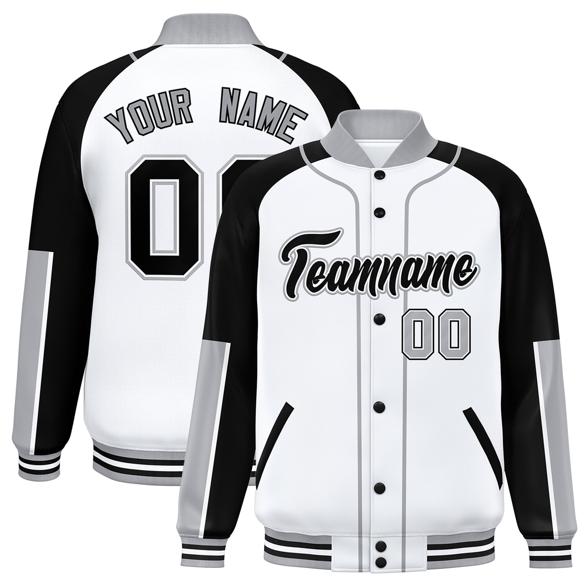 Custom White Black-Gray Raglan Sleeves Varsity Full-Snap Letterman Baseball Jacket