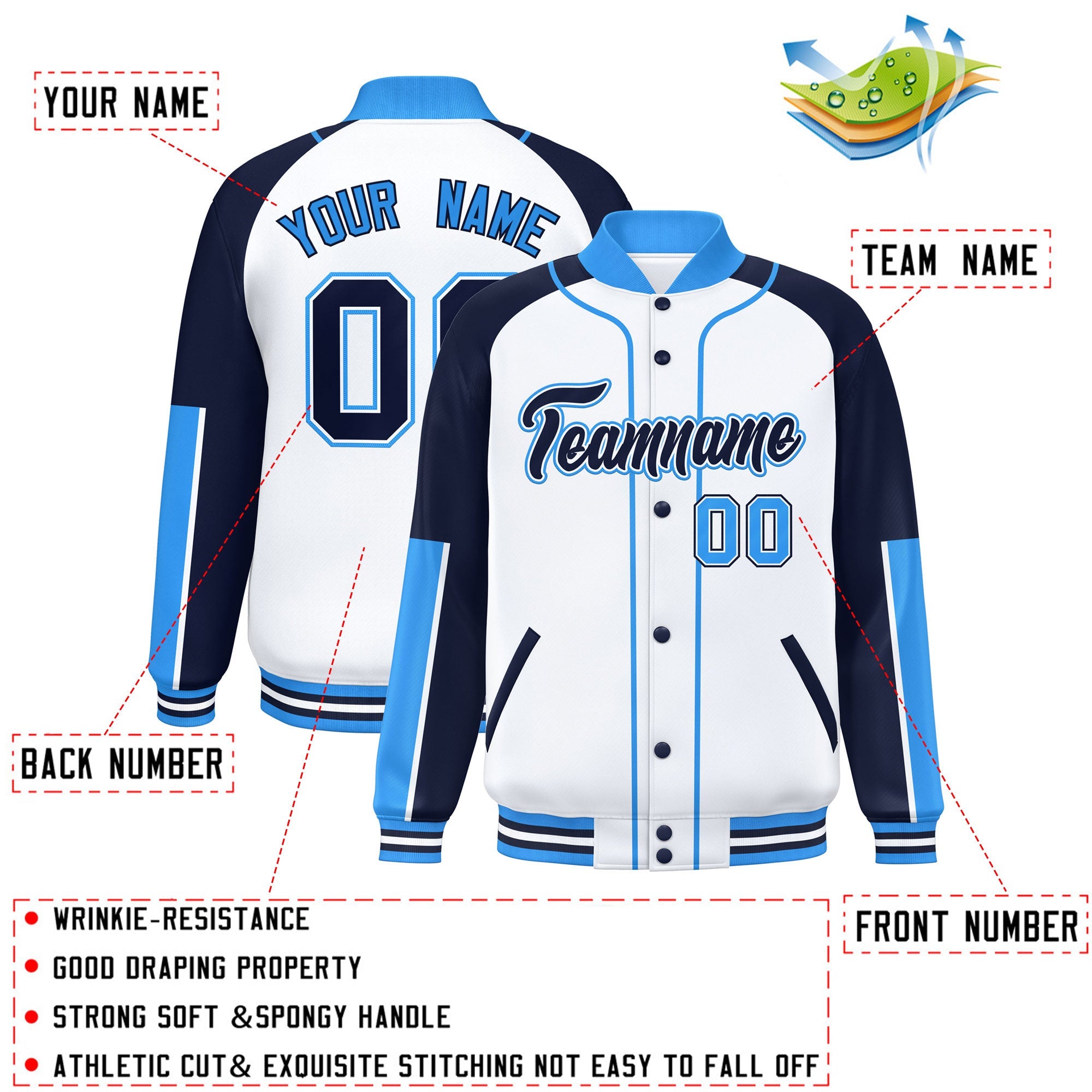 Custom White Navy-Powder Blue Raglan Sleeves Varsity Full-Snap Letterman Baseball Jacket