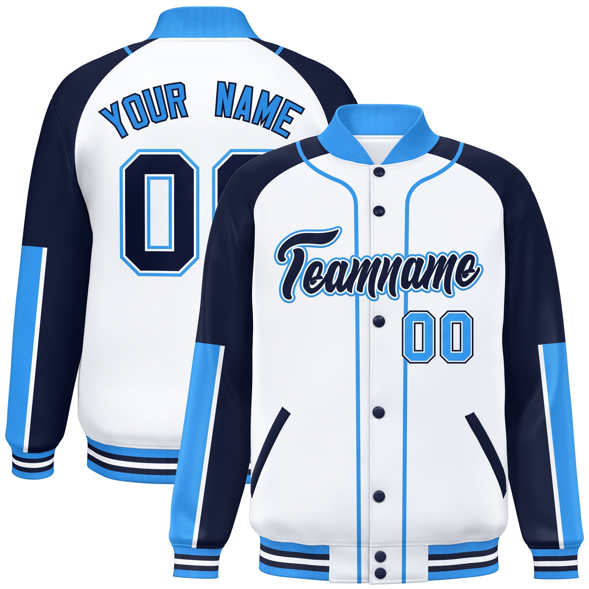 Custom White Navy-Powder Blue Raglan Sleeves Varsity Full-Snap Letterman Baseball Jacket