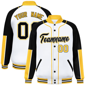 Custom White Black-Gold Raglan Sleeves Varsity Full-Snap Letterman Baseball Jacket