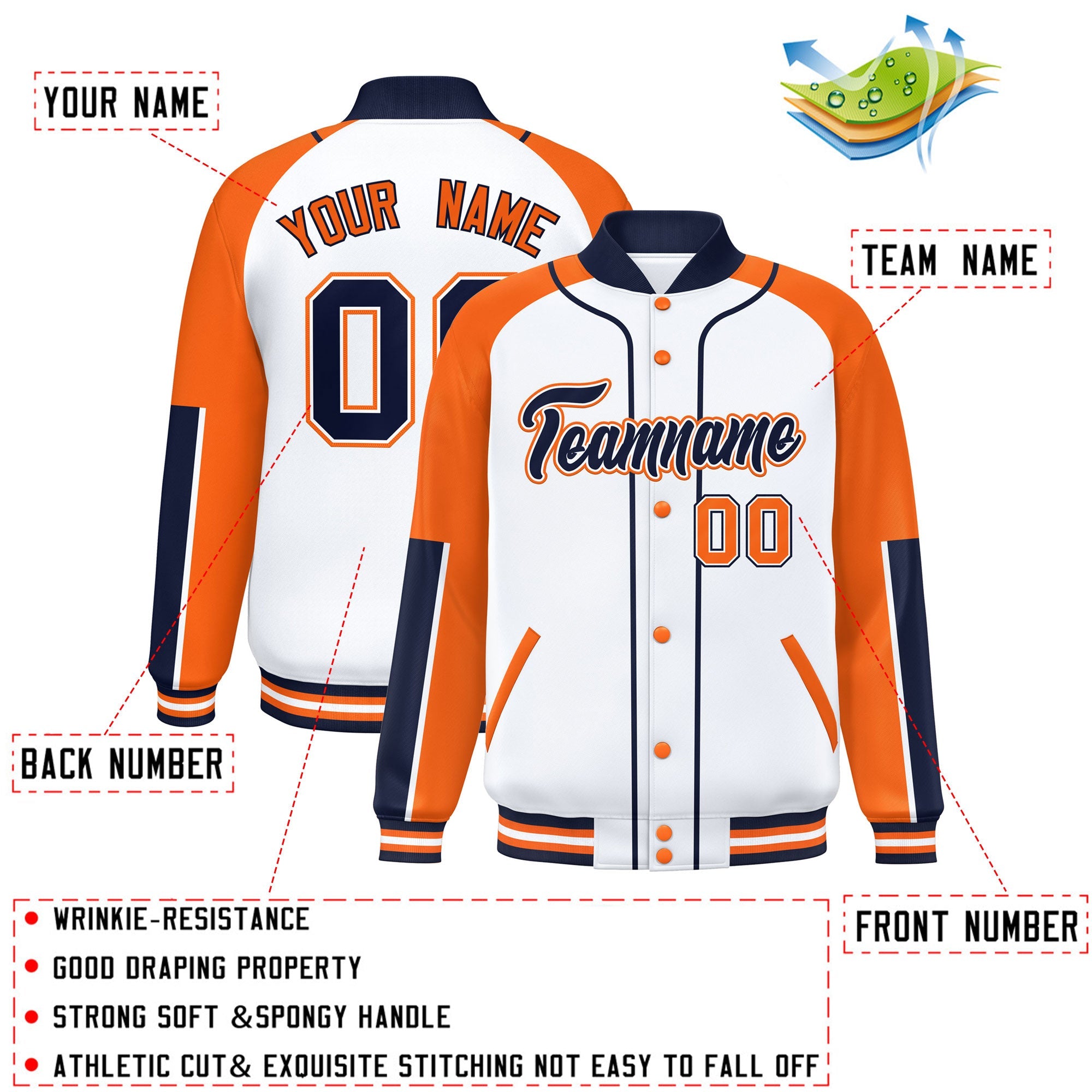 Custom White Orange-Navy Raglan Sleeves Varsity Full-Snap Letterman Baseball Jacket