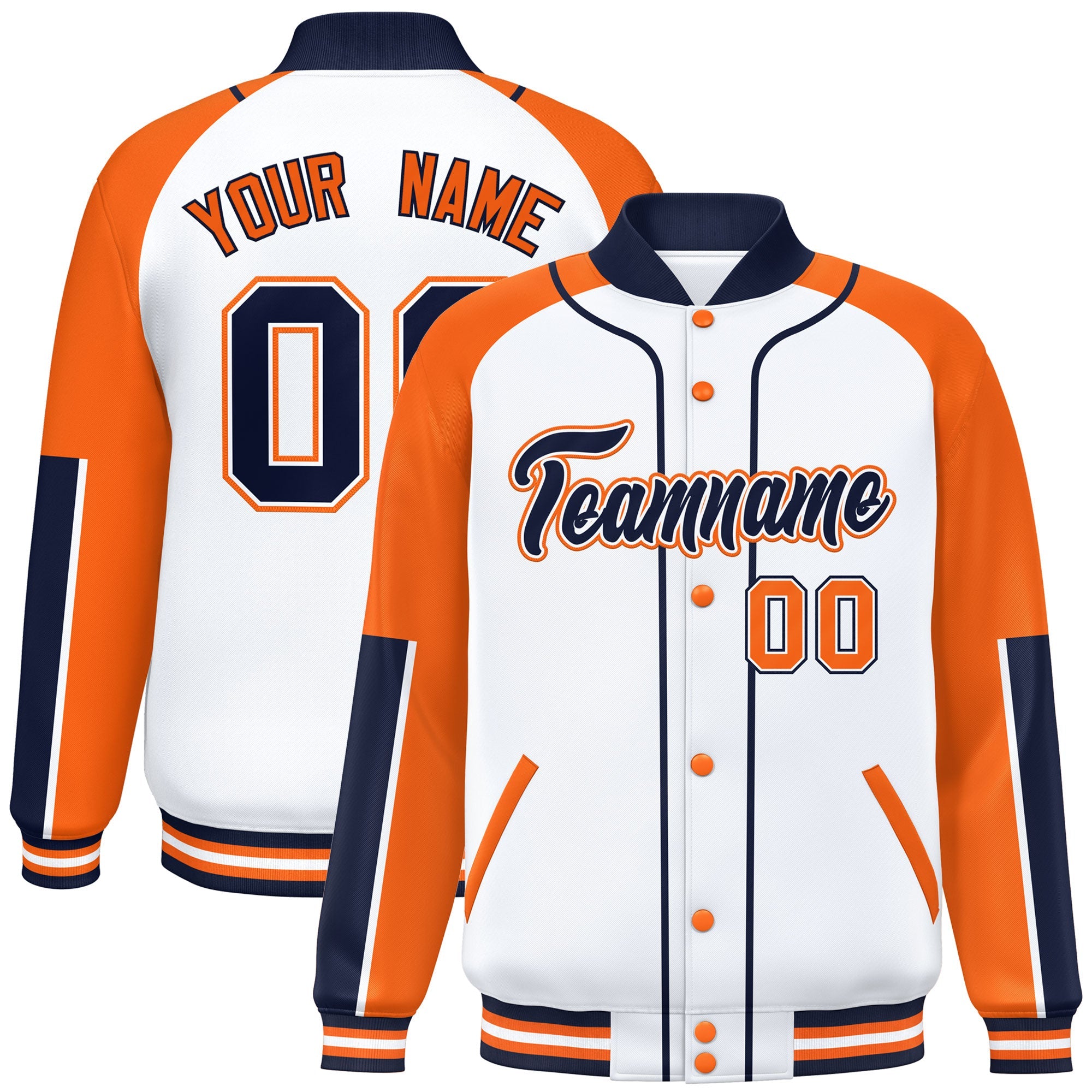 Custom White Orange-Navy Raglan Sleeves Varsity Full-Snap Letterman Baseball Jacket