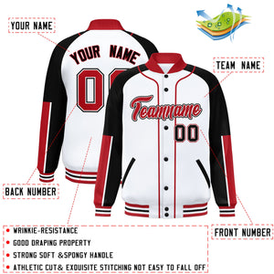 Custom White Black-Red Raglan Sleeves Varsity Full-Snap Letterman Baseball Jacket