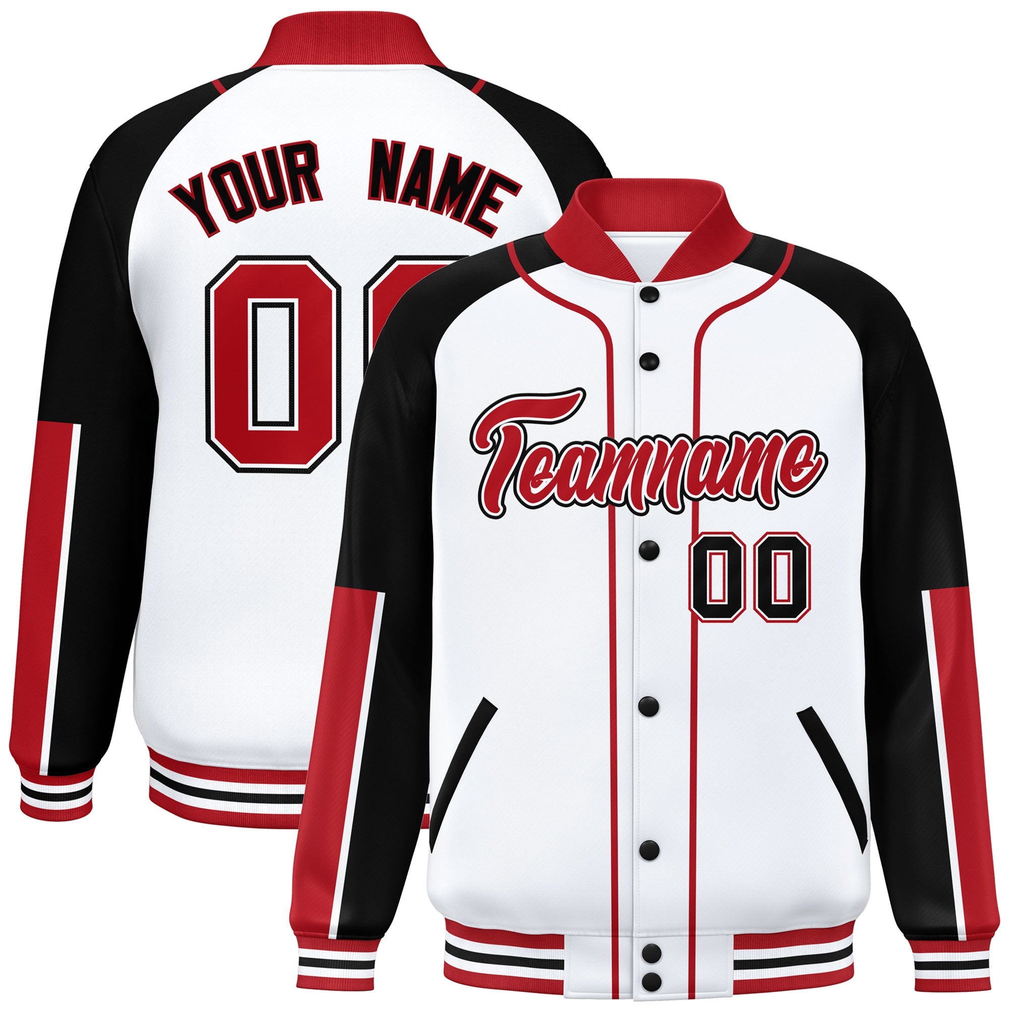 Custom White Black-Red Raglan Sleeves Varsity Full-Snap Letterman Baseball Jacket