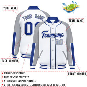 Custom White Gray-Royal Raglan Sleeves Varsity Full-Snap Letterman Baseball Jacket