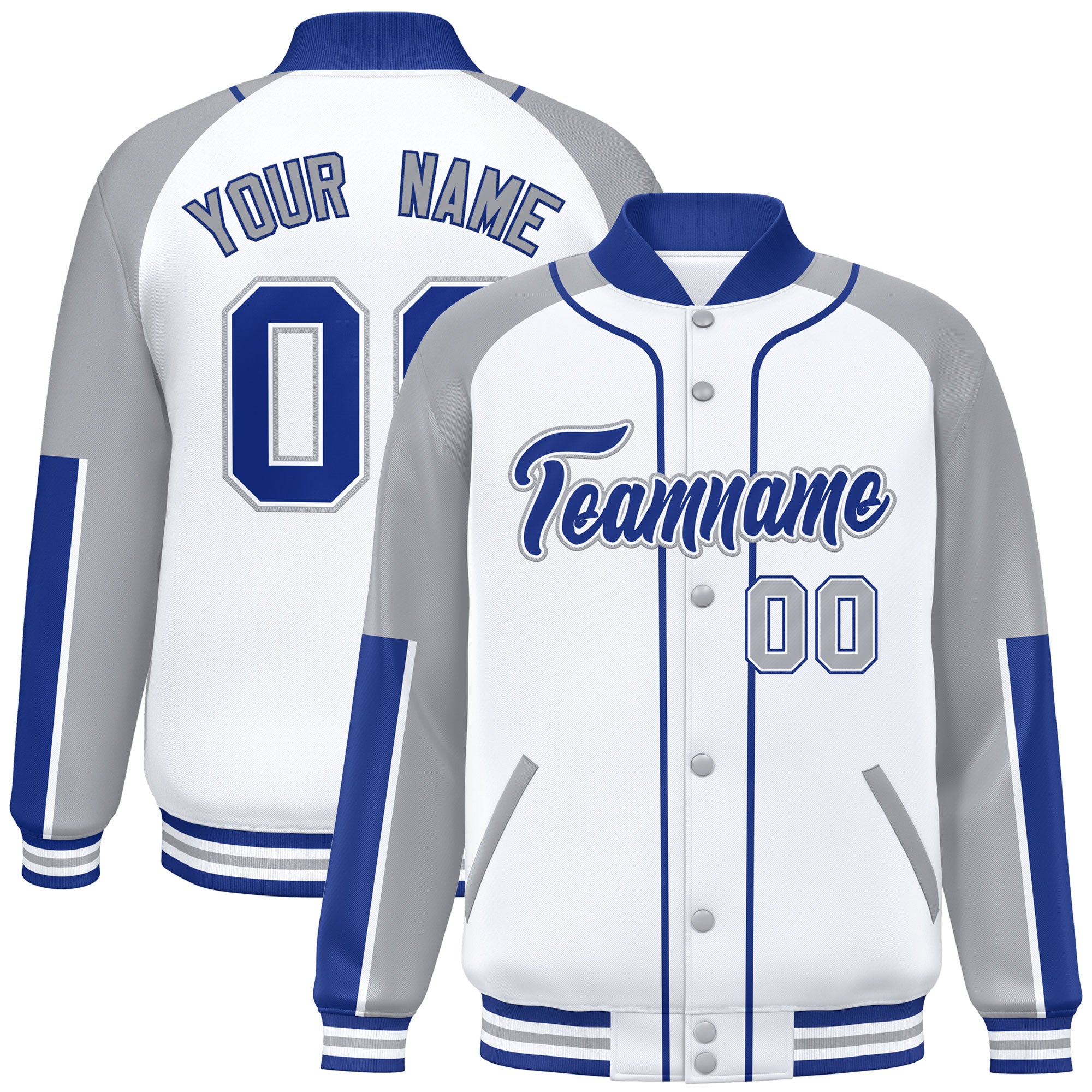 Custom White Gray-Royal Raglan Sleeves Varsity Full-Snap Letterman Baseball Jacket