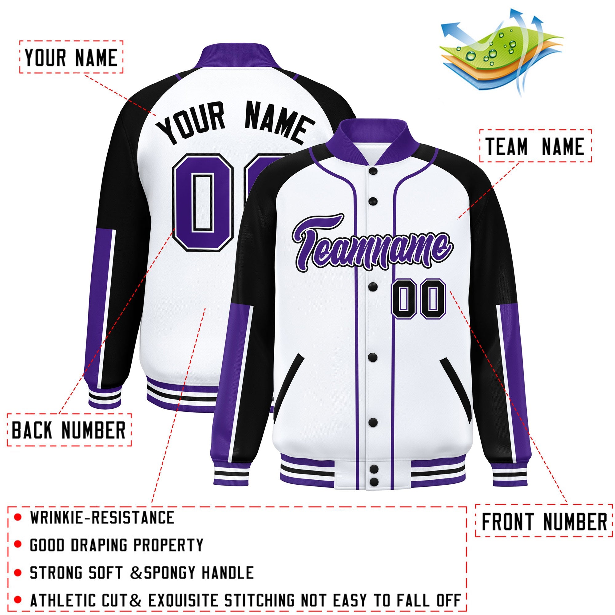 Custom White Black-Purple Raglan Sleeves Varsity Full-Snap Letterman Baseball Jacket