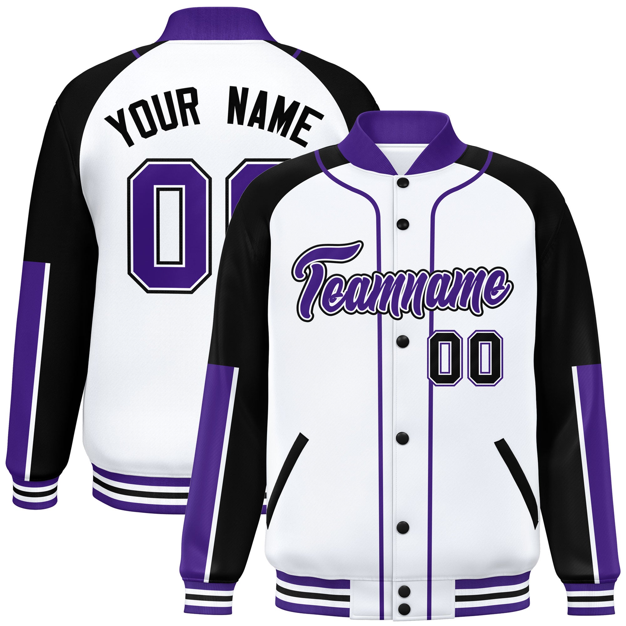 Custom White Black-Purple Raglan Sleeves Varsity Full-Snap Letterman Baseball Jacket