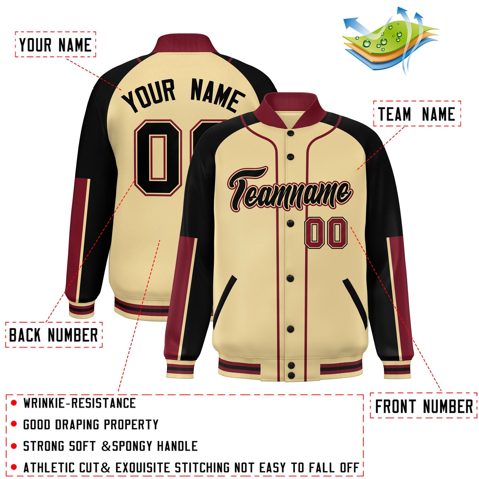 Custom Khaki Black-Crimson Raglan Sleeves Varsity Full-Snap Letterman Baseball Jacket