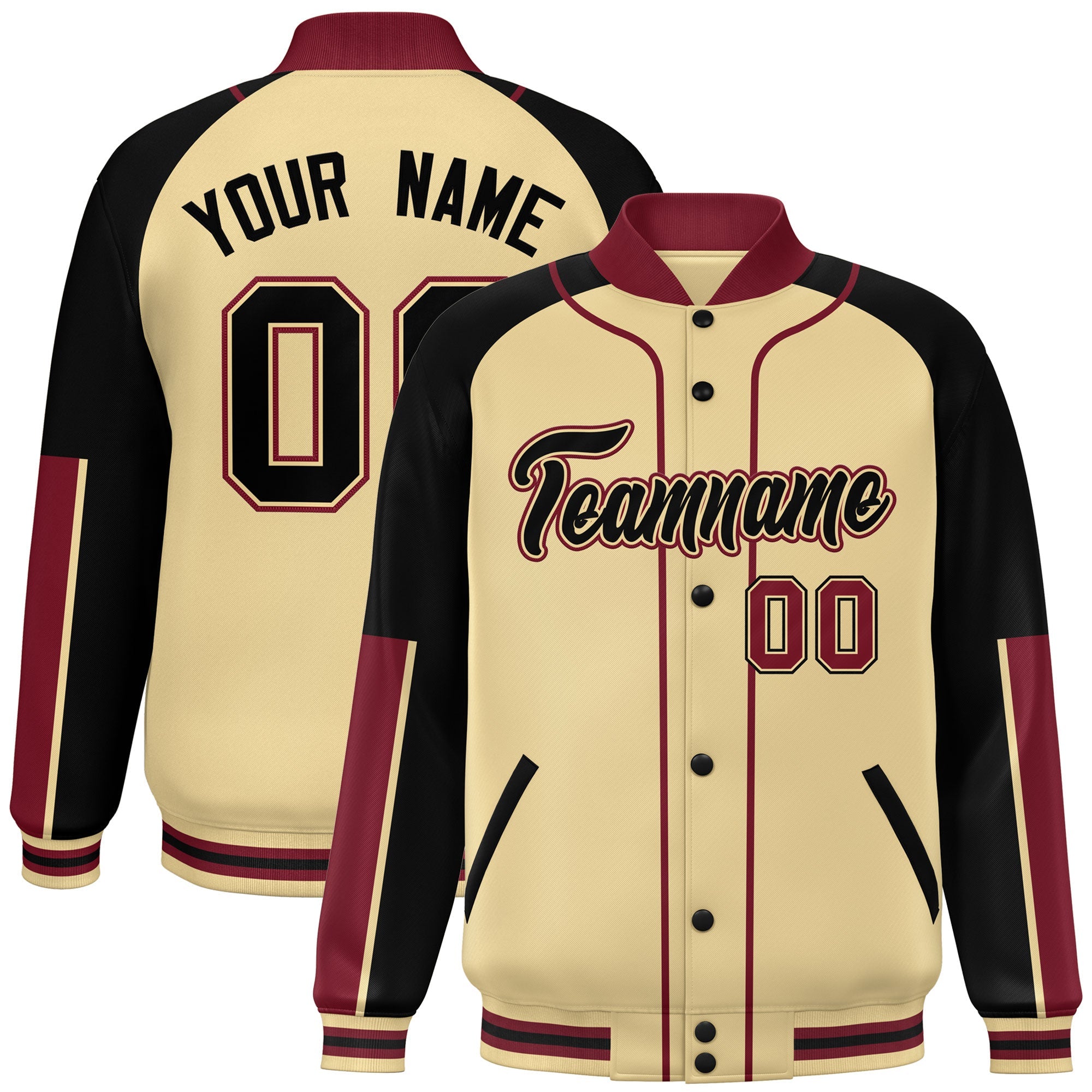 Custom Khaki Black-Crimson Raglan Sleeves Varsity Full-Snap Letterman Baseball Jacket