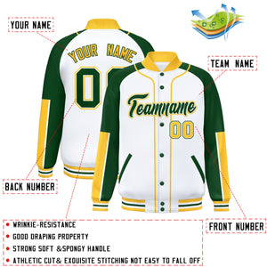 Custom White Green-Gold Raglan Sleeves Varsity Full-Snap Letterman Baseball Jacket