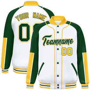 Custom White Green-Gold Raglan Sleeves Varsity Full-Snap Letterman Baseball Jacket