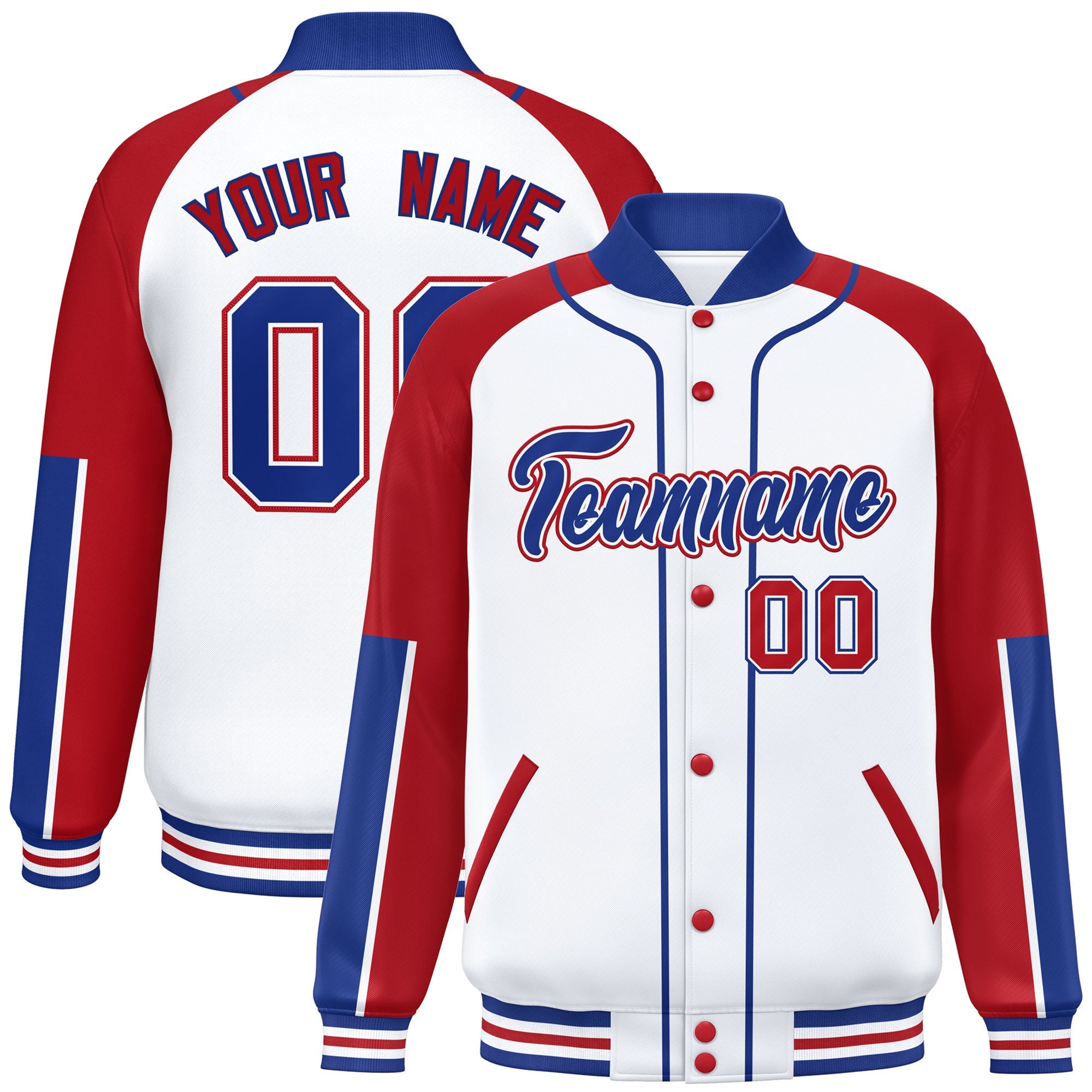 Custom White Red-Royal Raglan Sleeves Varsity Full-Snap Letterman Baseball Jacket