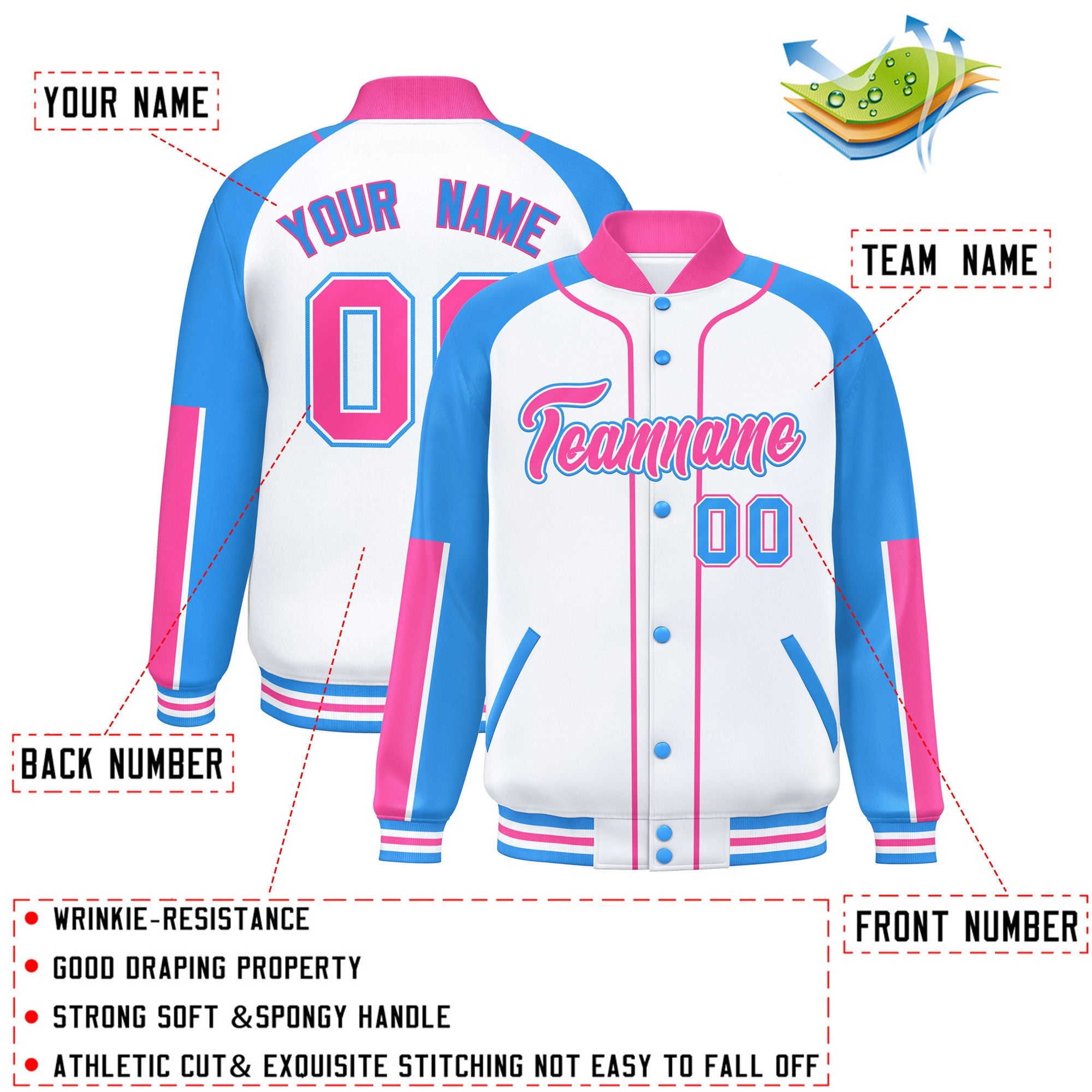 Custom White Powder Blue-Pink Raglan Sleeves Varsity Full-Snap Letterman Baseball Jacket