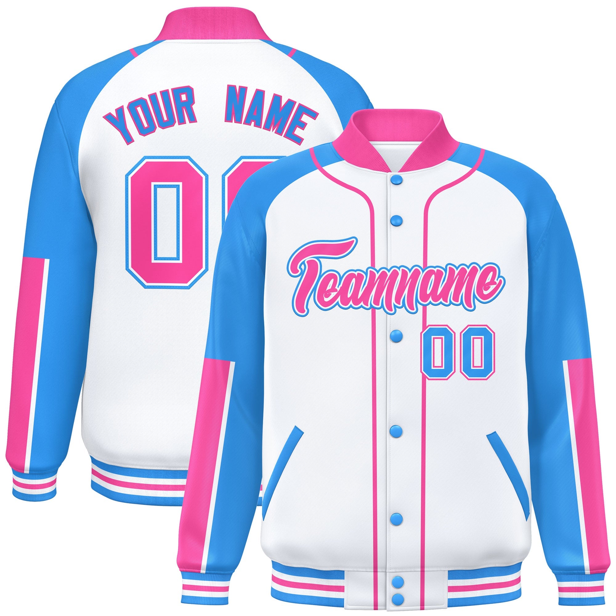 Custom White Powder Blue-Pink Raglan Sleeves Varsity Full-Snap Letterman Baseball Jacket