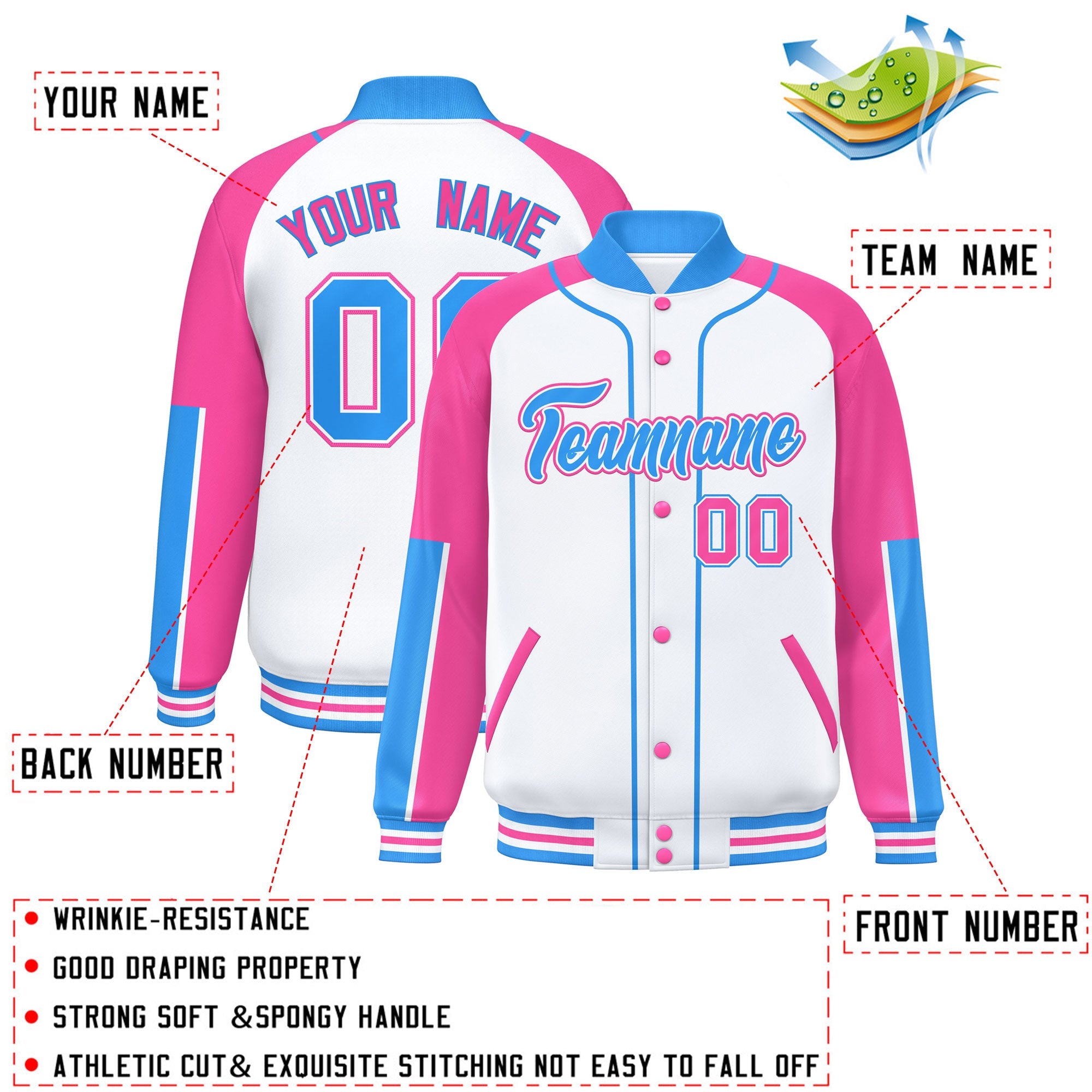 Custom White Pink-Powder Blue Raglan Sleeves Varsity Full-Snap Letterman Baseball Jacket