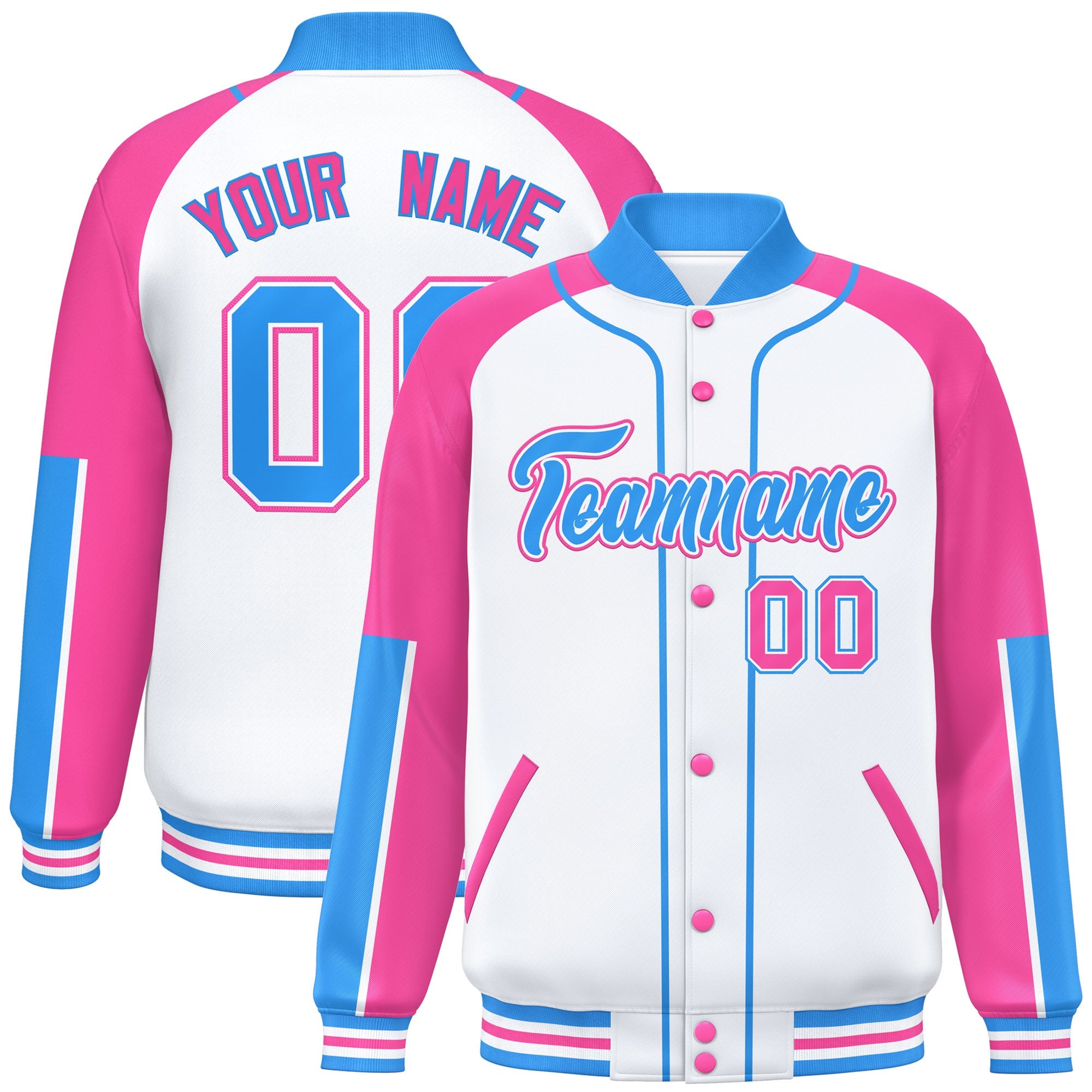 Custom White Pink-Powder Blue Raglan Sleeves Varsity Full-Snap Letterman Baseball Jacket