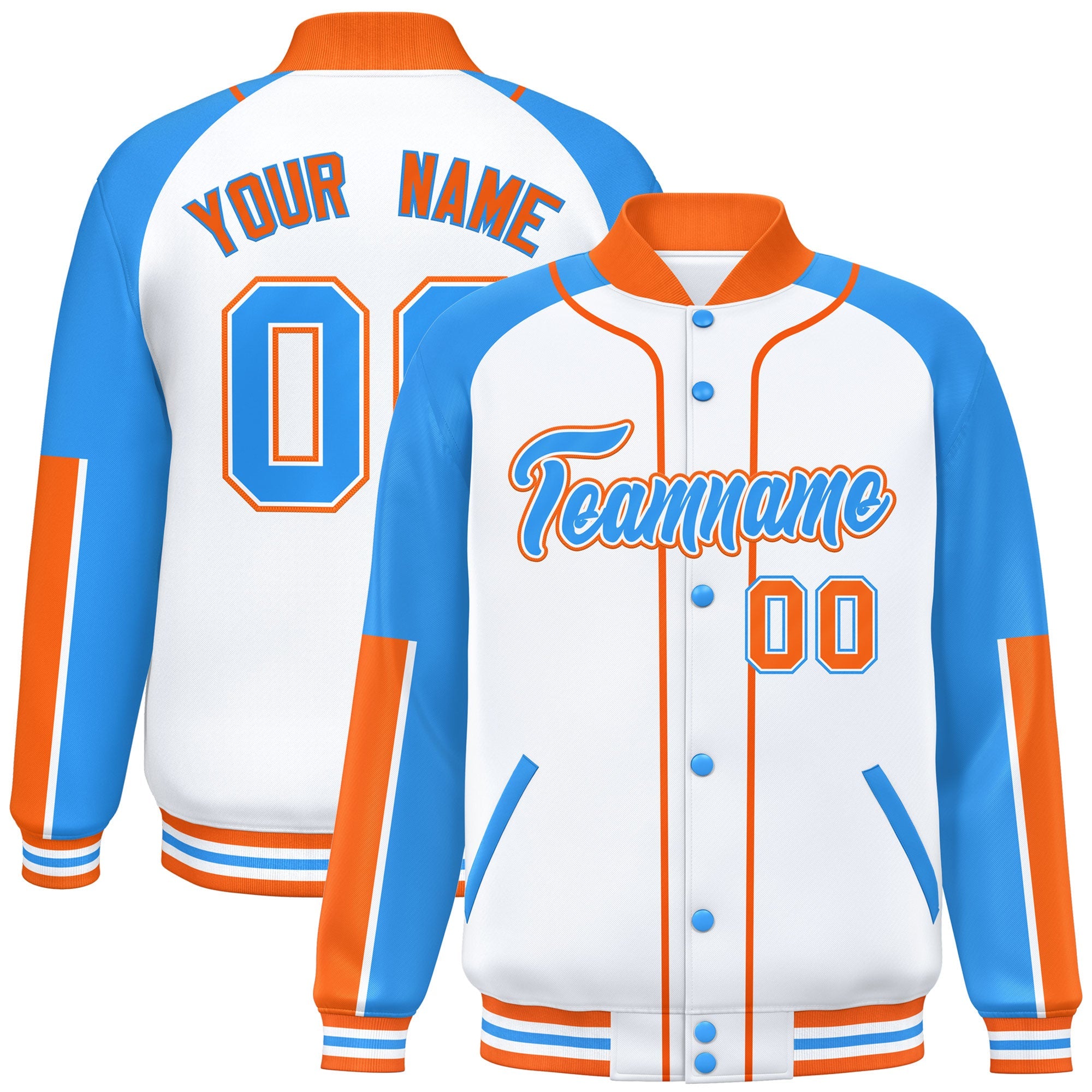 Custom White Powder Blue-Orange Raglan Sleeves Varsity Full-Snap Letterman Baseball Jacket