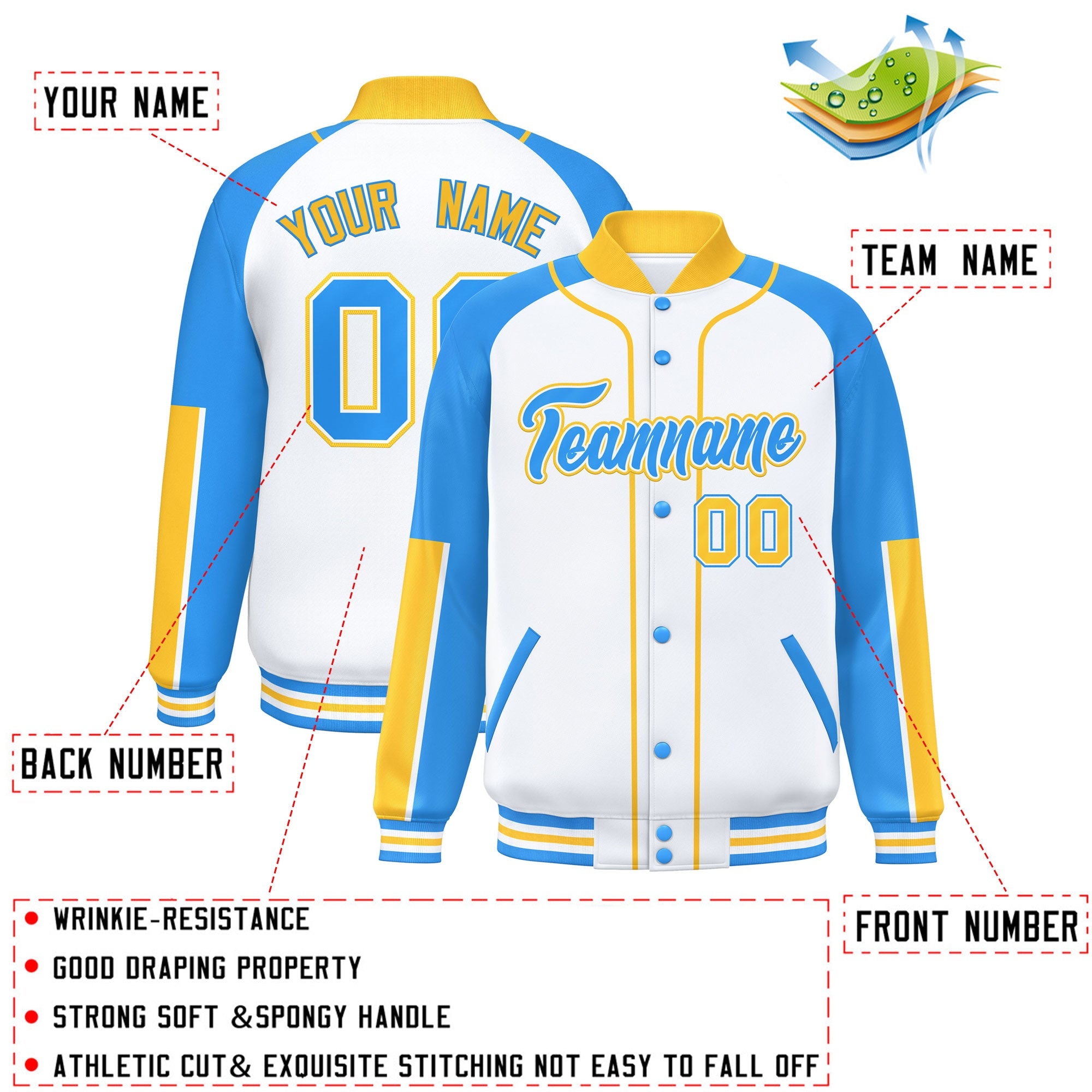 Custom White Powder Blue-Gold Raglan Sleeves Varsity Full-Snap Letterman Baseball Jacket