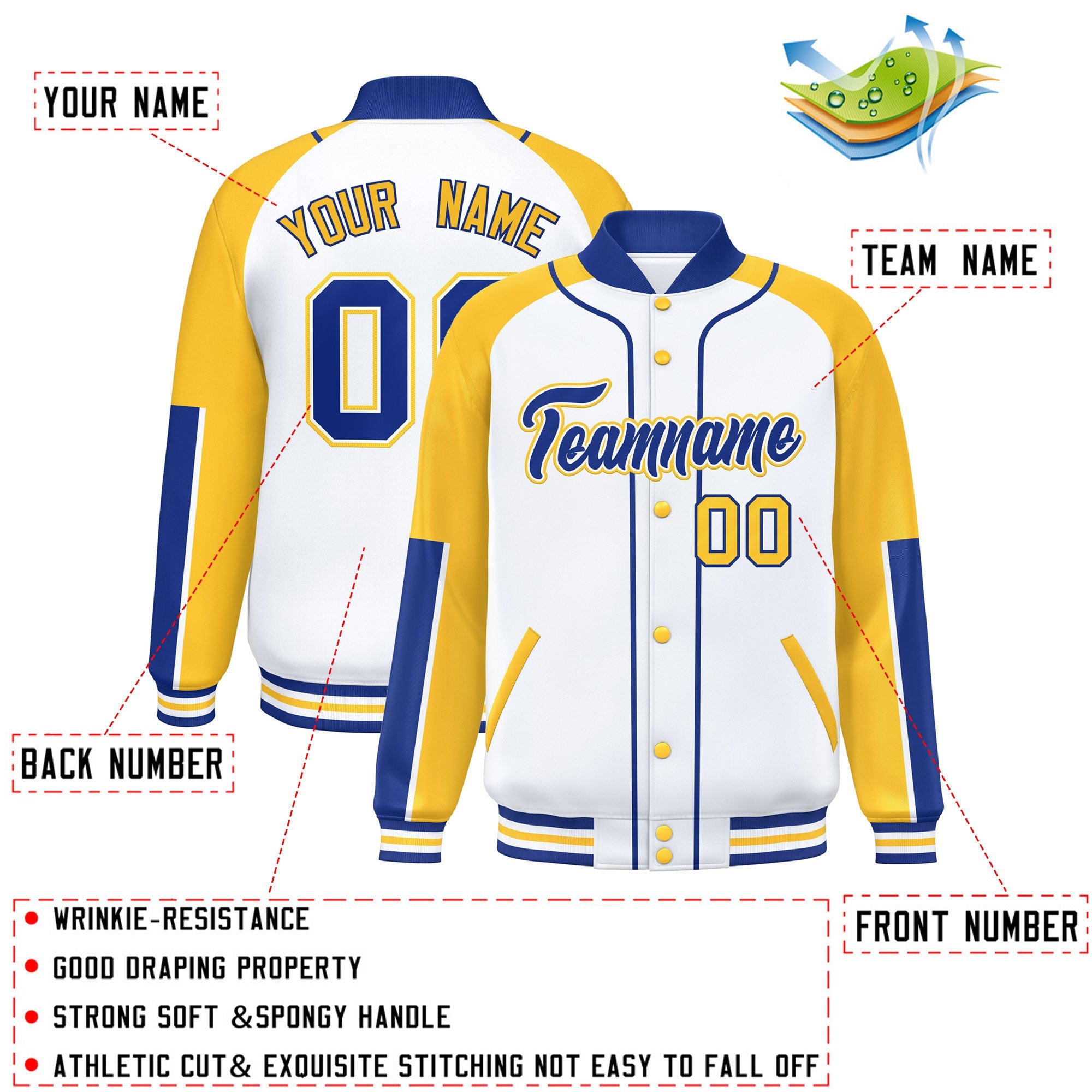 Custom White Gold-Royal Raglan Sleeves Varsity Full-Snap Letterman Baseball Jacket