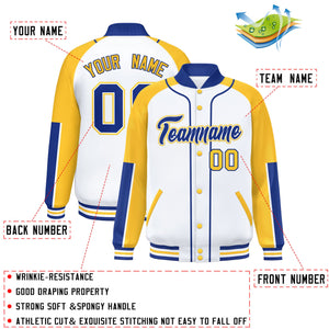 Custom White Gold-Royal Raglan Sleeves Varsity Full-Snap Letterman Baseball Jacket