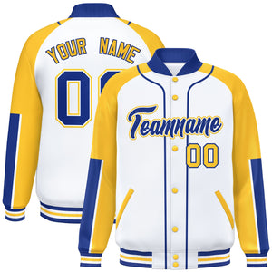 Custom White Gold-Royal Raglan Sleeves Varsity Full-Snap Letterman Baseball Jacket