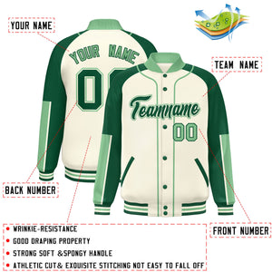 Custom Cream Green-Green Raglan Sleeves Varsity Full-Snap Letterman Baseball Jacket