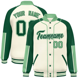 Custom Cream Green-Green Raglan Sleeves Varsity Full-Snap Letterman Baseball Jacket