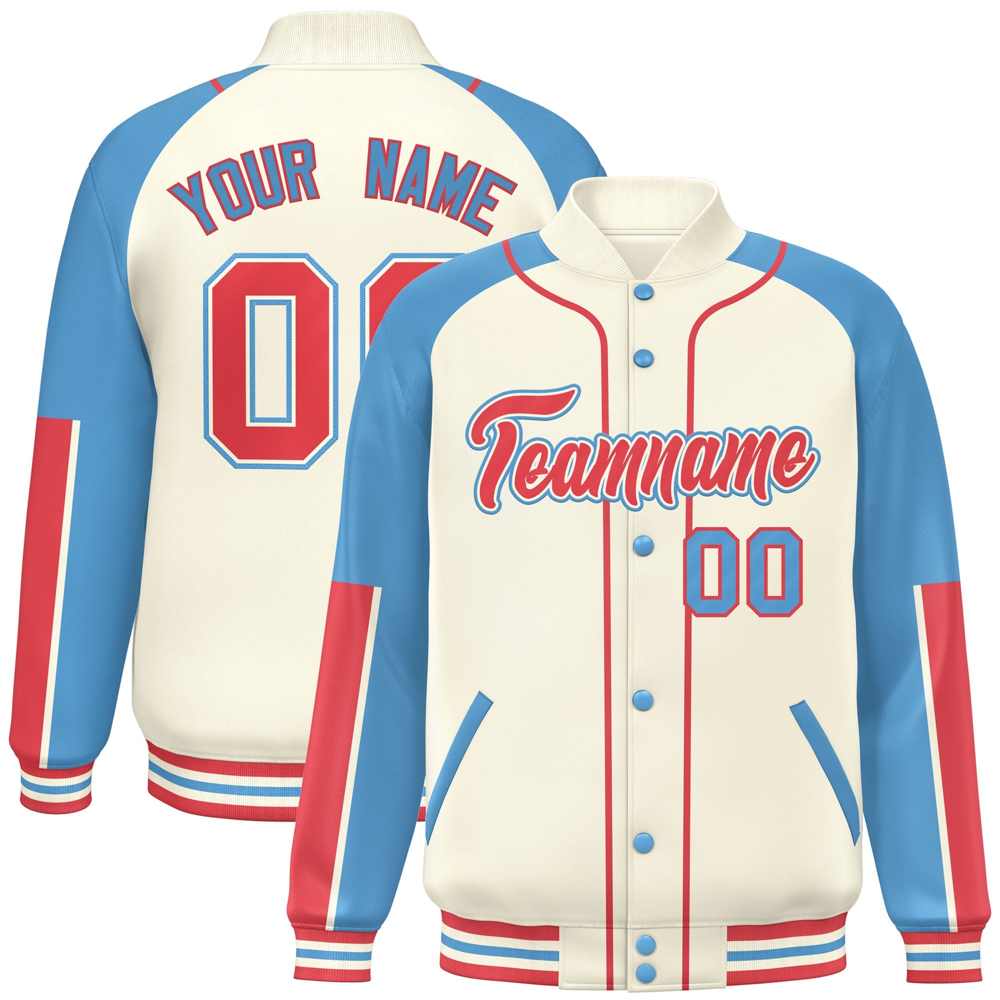 Custom Cream Light Blue-Cream Raglan Sleeves Varsity Full-Snap Letterman Baseball Jacket