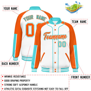 Custom White Orange-Bright Green Raglan Sleeves Varsity Full-Snap Letterman Baseball Jacket