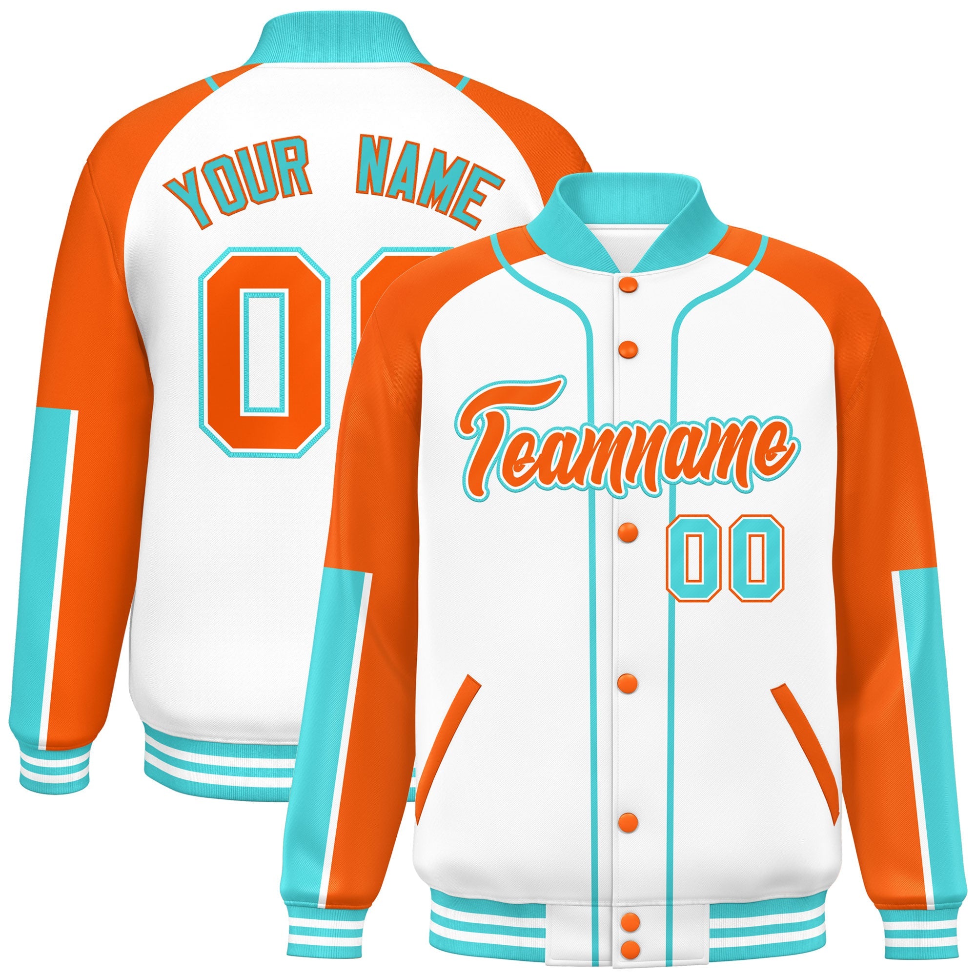 Custom White Orange-Bright Green Raglan Sleeves Varsity Full-Snap Letterman Baseball Jacket