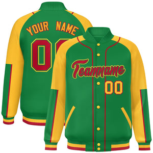 Custom Kelly Green Gold-Kelly Green Raglan Sleeves Varsity Full-Snap Letterman Baseball Jacket