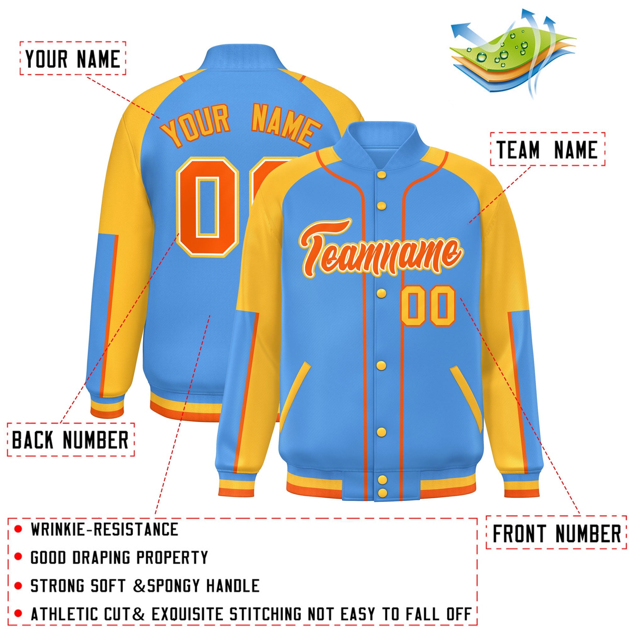 Custom Powder Blue Gold-Powder Blue Raglan Sleeves Varsity Full-Snap Letterman Baseball Jacket