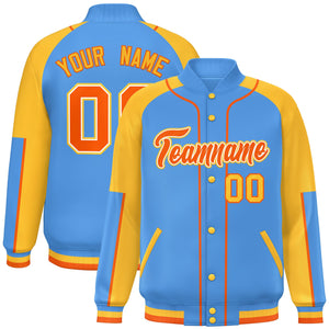 Custom Powder Blue Gold-Powder Blue Raglan Sleeves Varsity Full-Snap Letterman Baseball Jacket