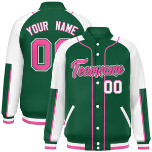 Custom Green White-Green Raglan Sleeves Varsity Full-Snap Letterman Baseball Jacket