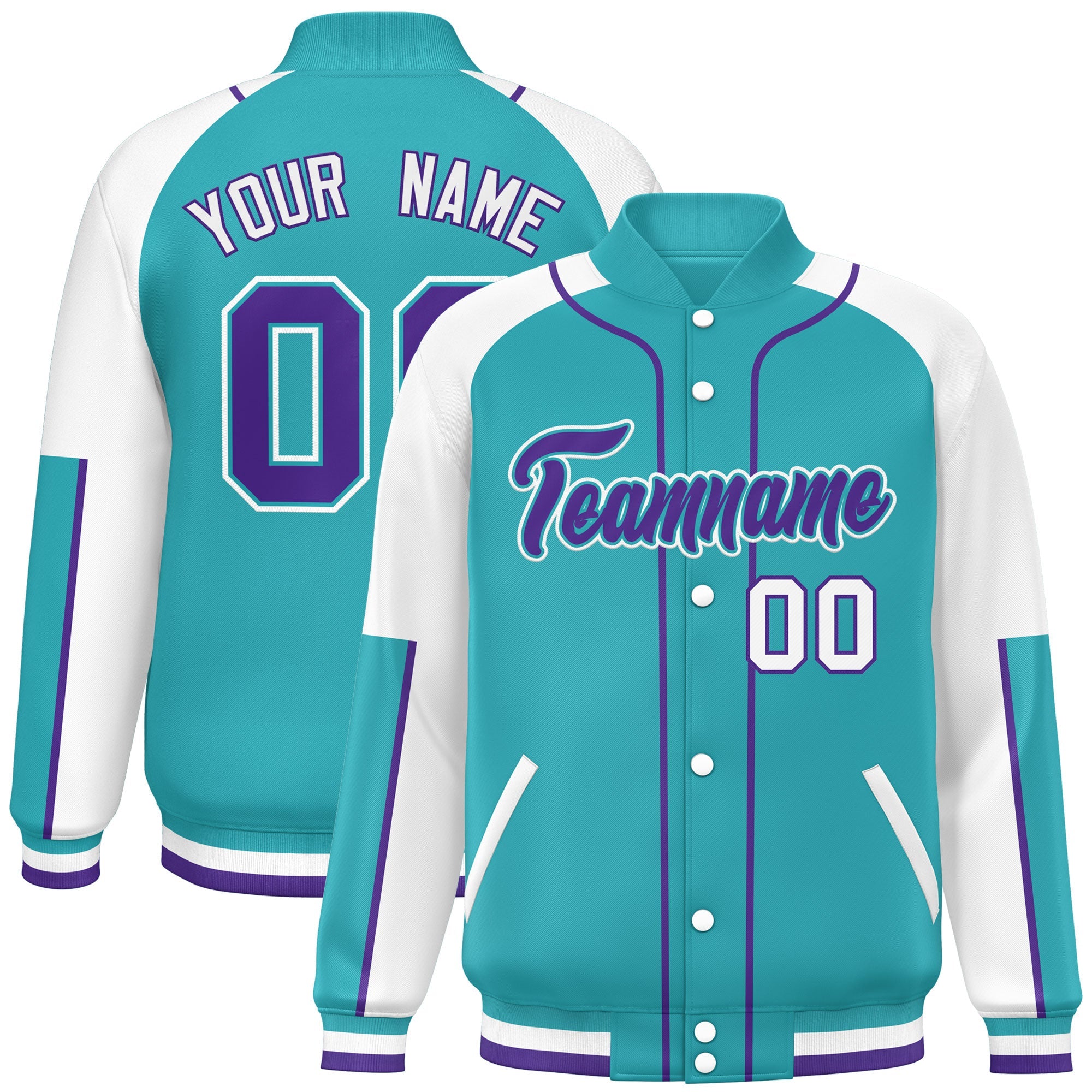 Custom Aqua White-Aqua Raglan Sleeves Varsity Full-Snap Letterman Baseball Jacket