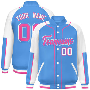 Custom Powder Blue White-Powder Blue Raglan Sleeves Varsity Full-Snap Letterman Baseball Jacket