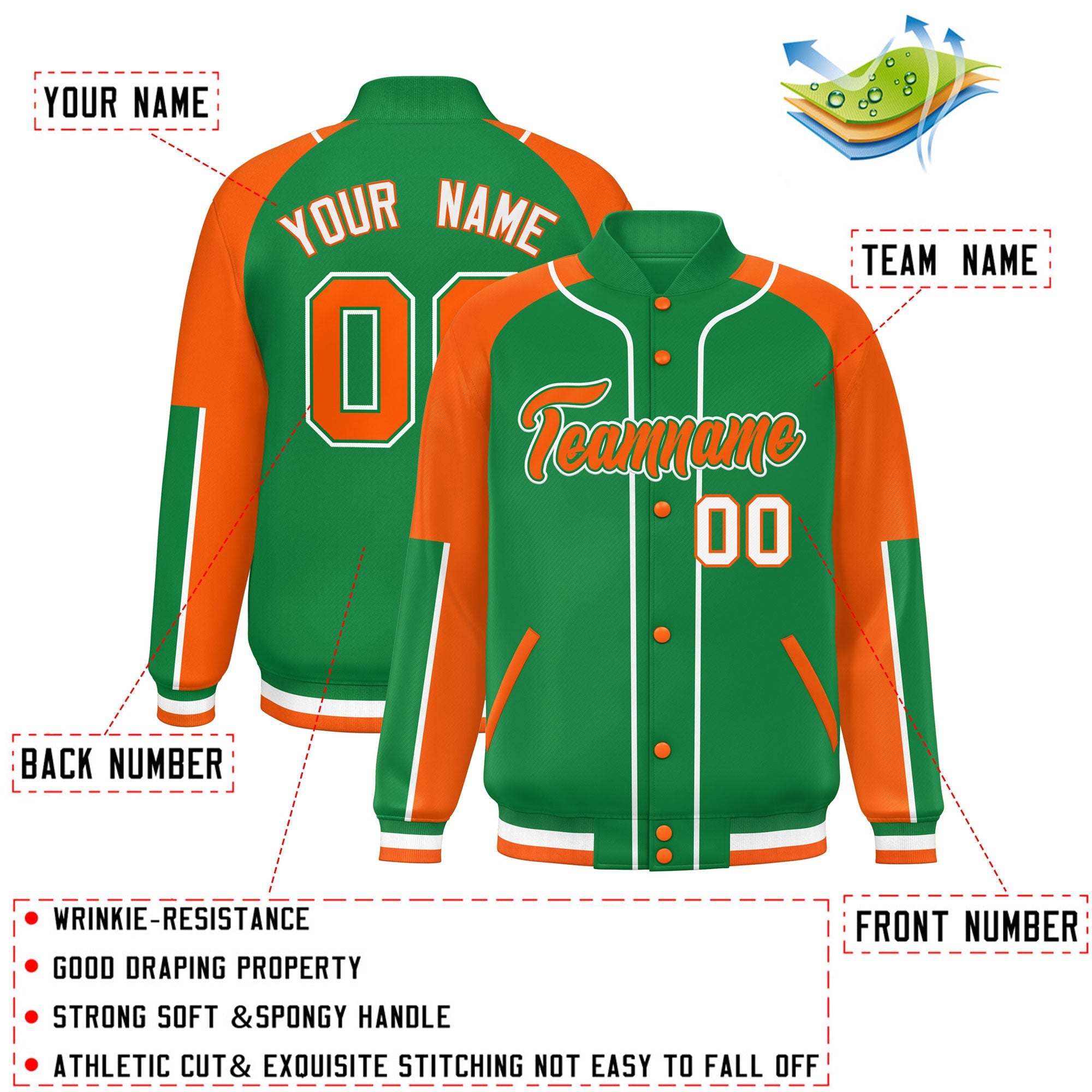 Custom Kelly Green Orange-Kelly Green Raglan Sleeves Varsity Full-Snap Letterman Baseball Jacket