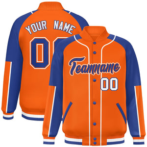 Custom Orange Royal-Orange Raglan Sleeves Varsity Full-Snap Letterman Baseball Jacket