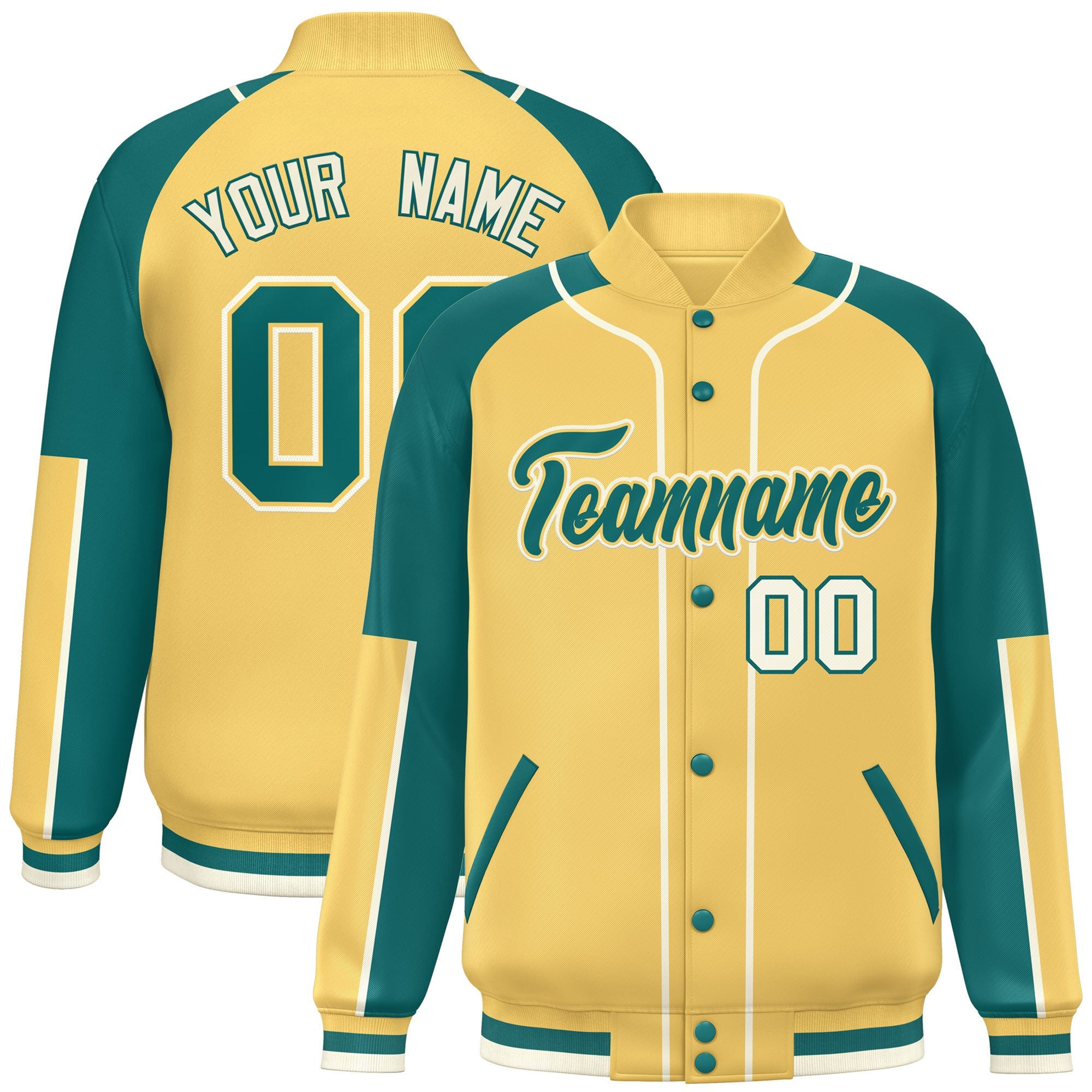 Custom Khaki Aqua-Khaki Raglan Sleeves Varsity Full-Snap Letterman Baseball Jacket